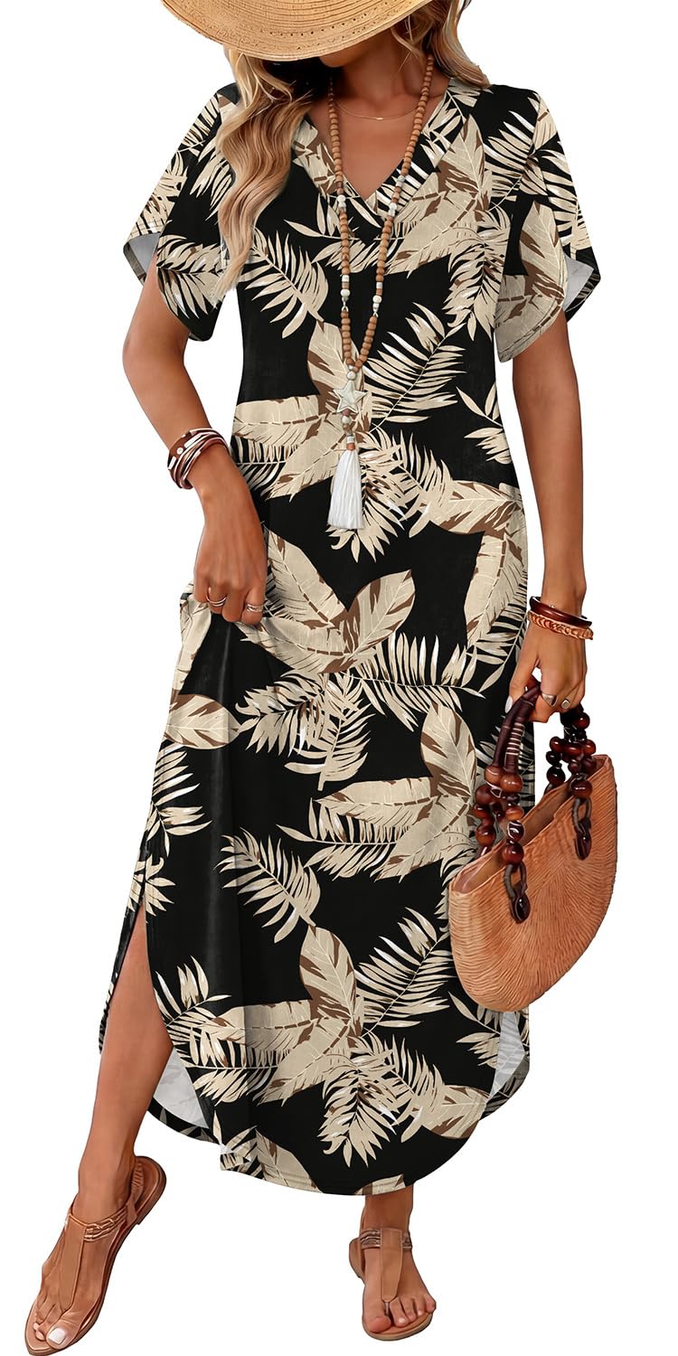 WIHOLL Summer Dresses for Women Short Sleeve Maxi Dresses V Neck Sundress with Side Slit Pockets Casual Beach Dress