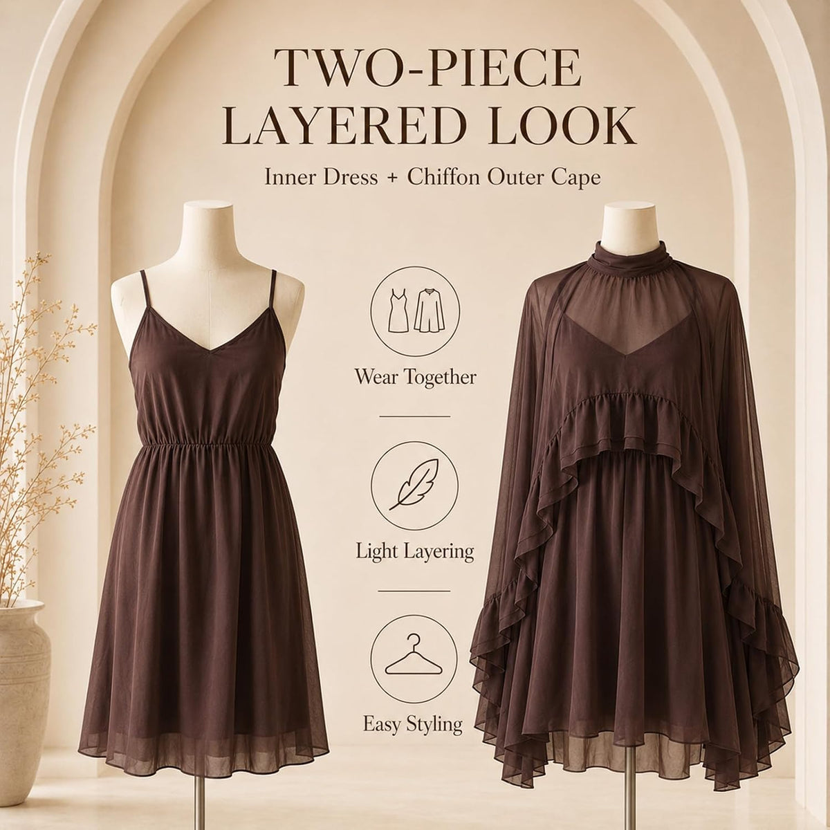 Women’s Semi Sheer Chiffon Ruffle Dress with Outer Cape, Poncho Sleeve Flowy Mini Dress, Loose Fit Elegant Summer Dress