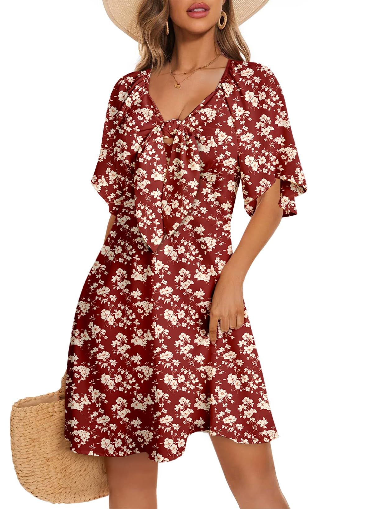 Dokotoo Womens Dresses 2026 Deep V Neck Elegant Bow tie Mini Dress S-XL
