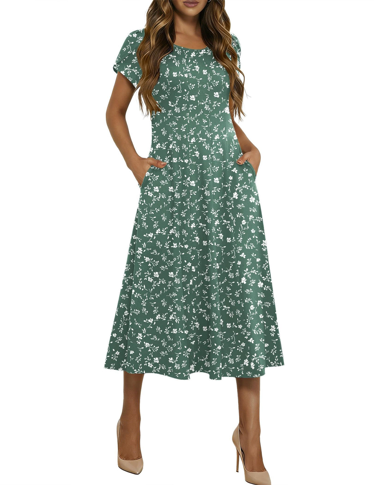 HOTOUCH Summer Dresses for Women 2026 Casual Midi Dress Petal Short Sleeve A Line Dress Pleated Flare Sundress