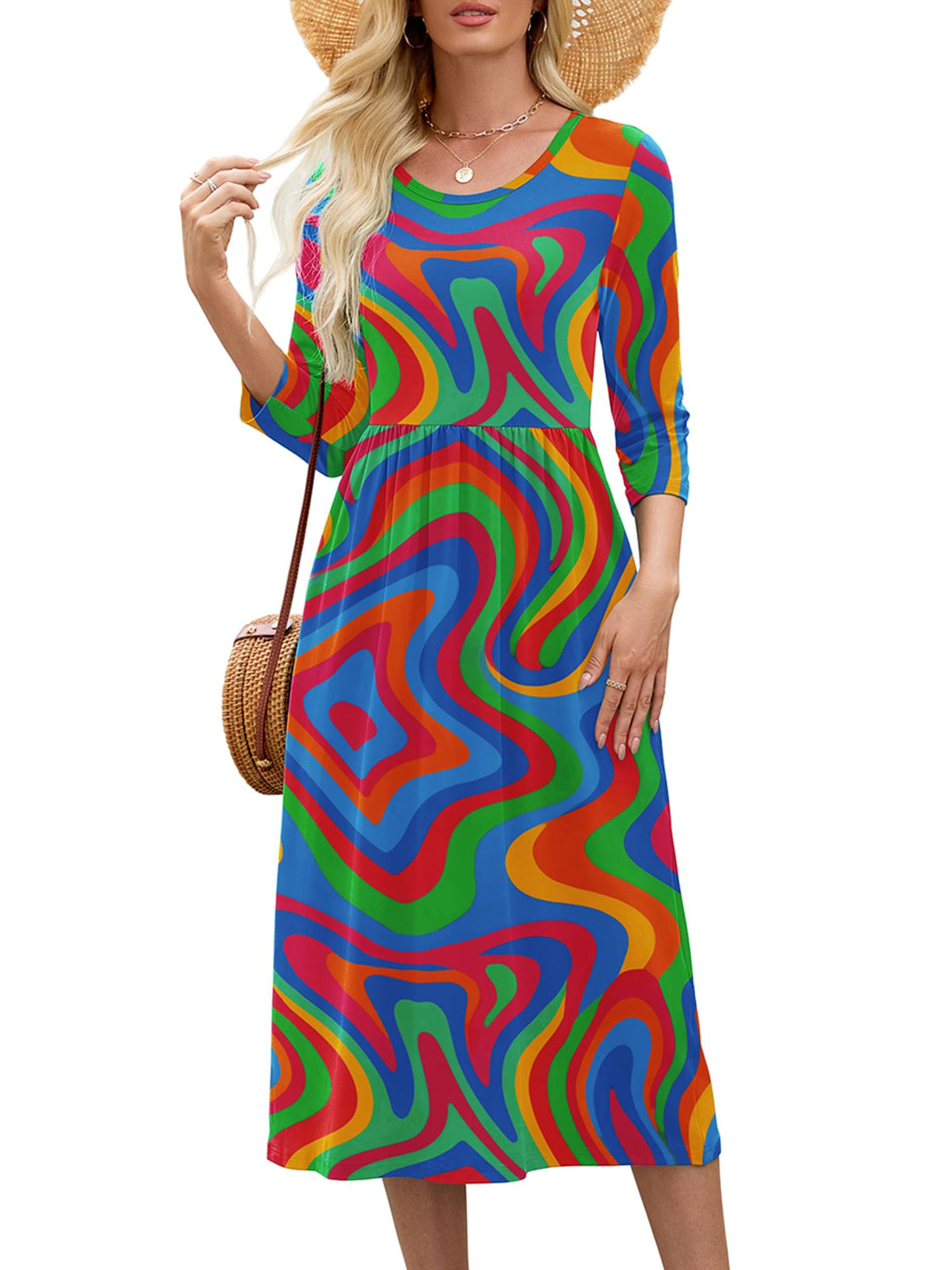 Heymoments Women's Casual 3/4 Sleeve Midi Dress with Pockets