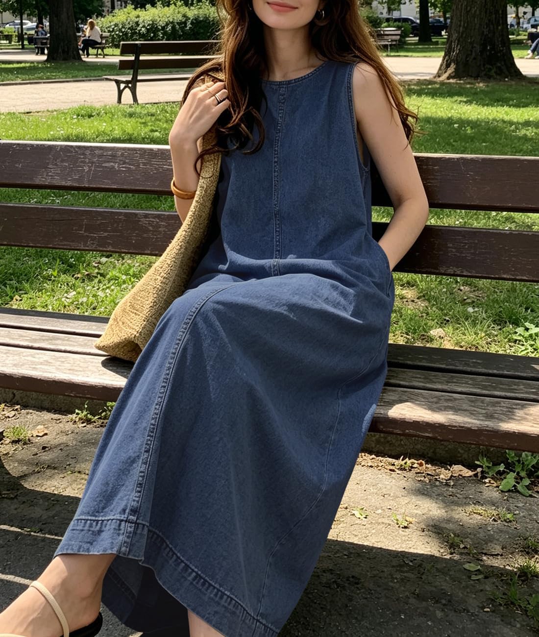 Retro Denim Jumper Dress for Women Sleeveless Crewneck Maxi Long Jean Vest Shift Dress with Pockets