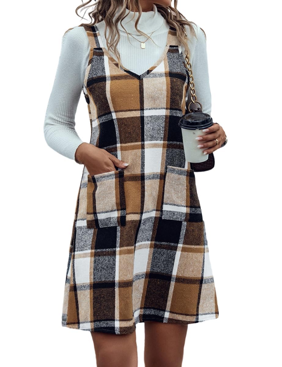 IDEALSANXUN Plaid Overall Dress for Women Fall Winter Sleeveless Plaid Dresses with Pockets
