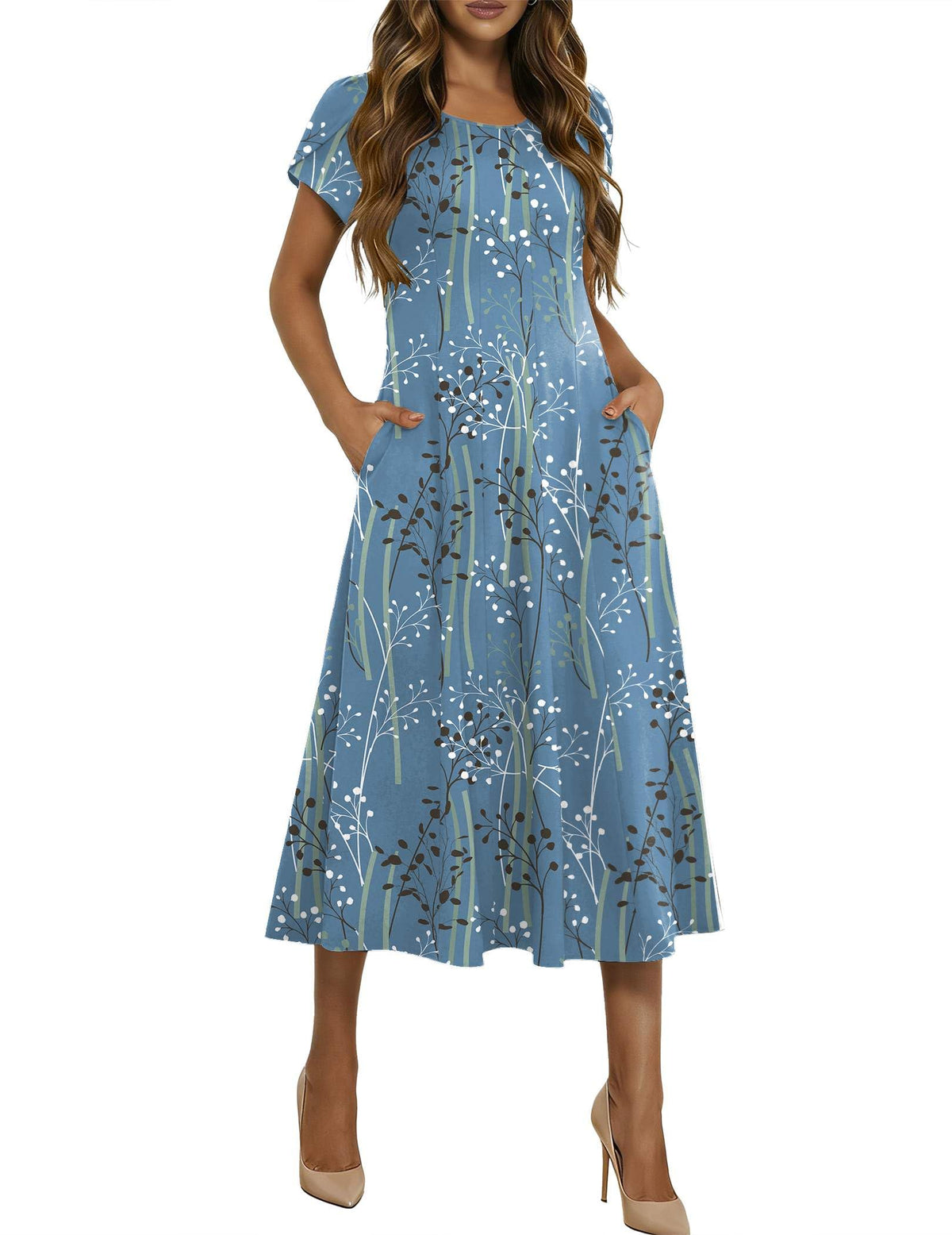 HOTOUCH Summer Dresses for Women 2026 Casual Midi Dress Petal Short Sleeve A Line Dress Pleated Flare Sundress
