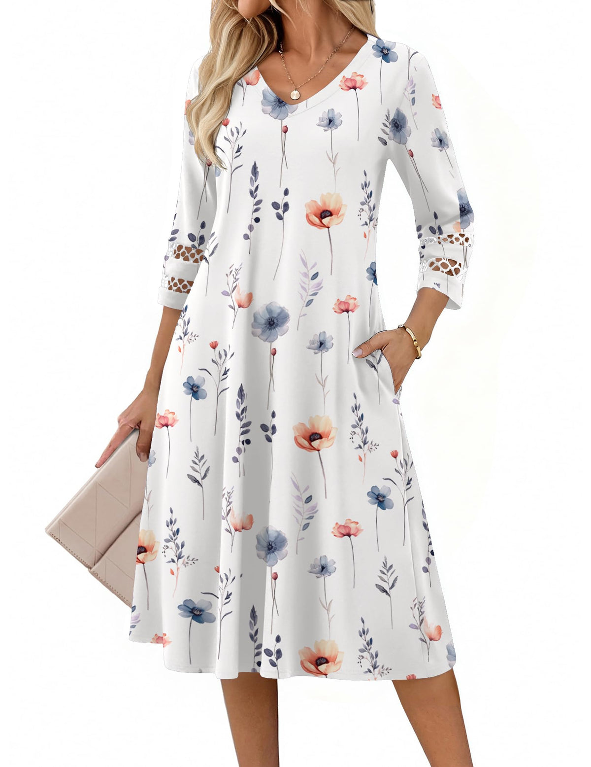 Zeagoo Women's Dresses 3/4 Sleeve Casual V-Neck A Line Eyelet Midi Dress