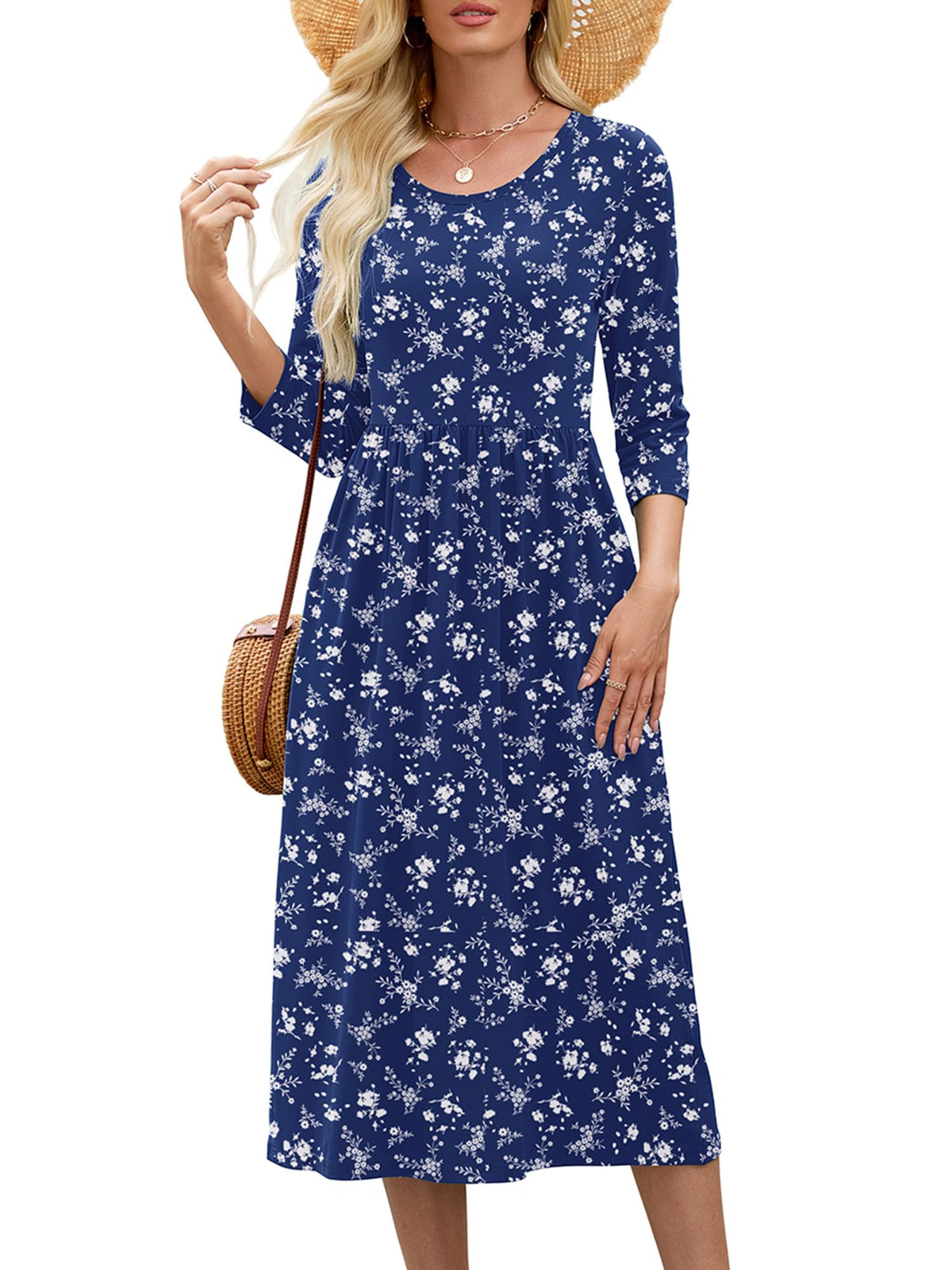 Heymoments Women's Casual 3/4 Sleeve Midi Dress with Pockets