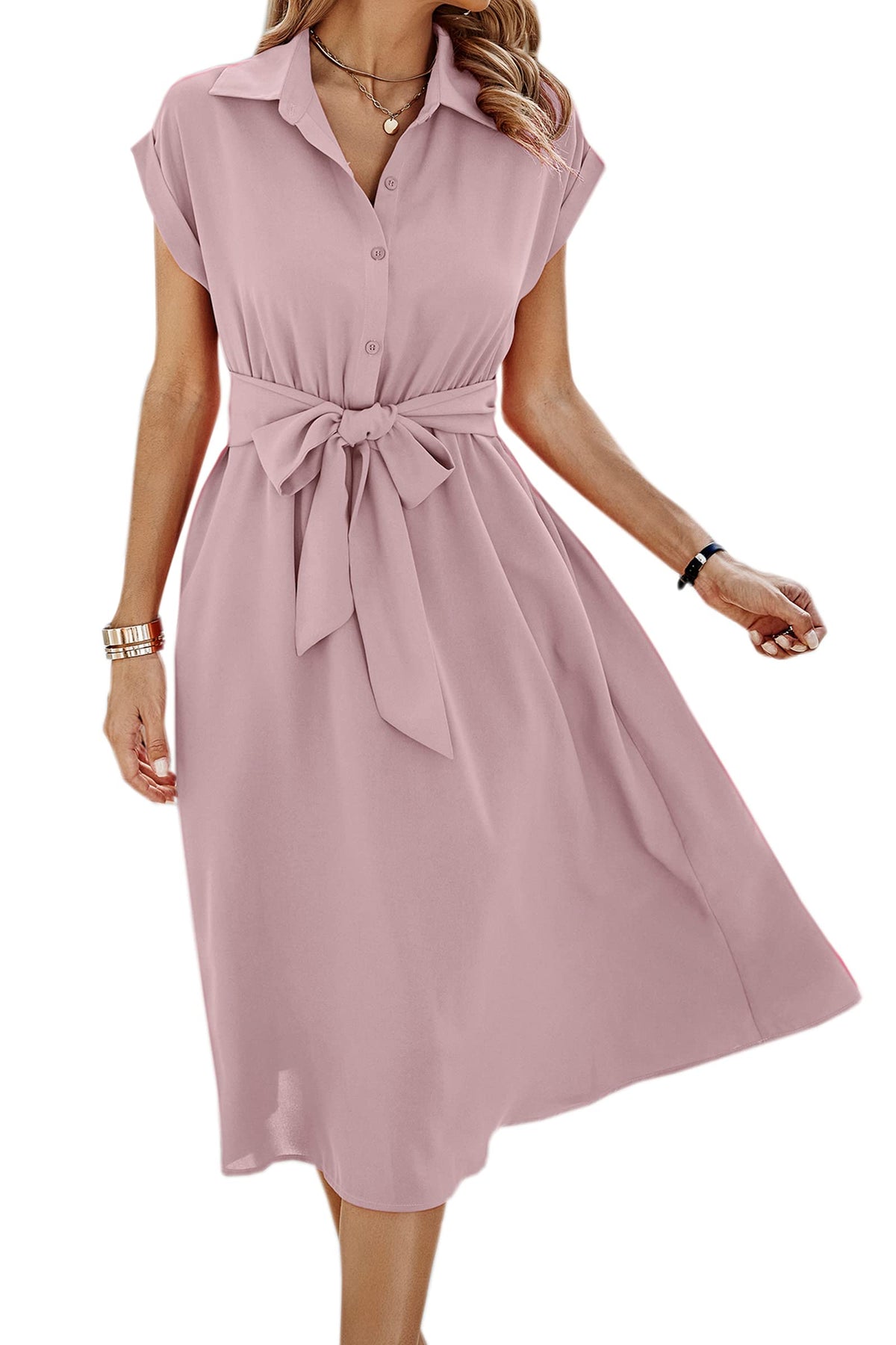 ECOWISH Womens Casual Midi Dresses Solid V Neck Short Sleeve Button Shirt Belted Dress with Pockets for Spring Summer 2026