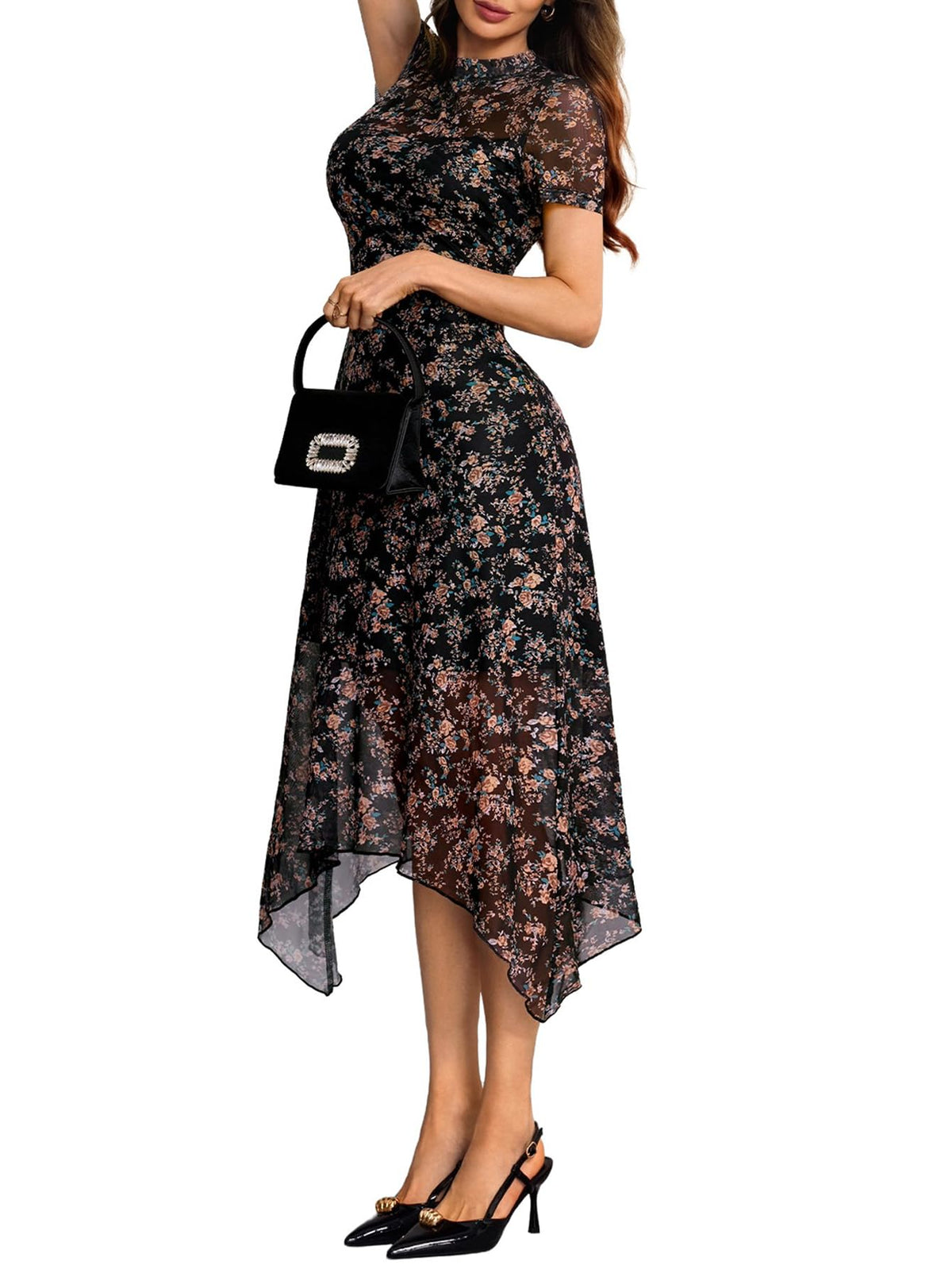 GothDark Women Summer Wedding Guest Floral Mesh Irregular Hem Midi Dress