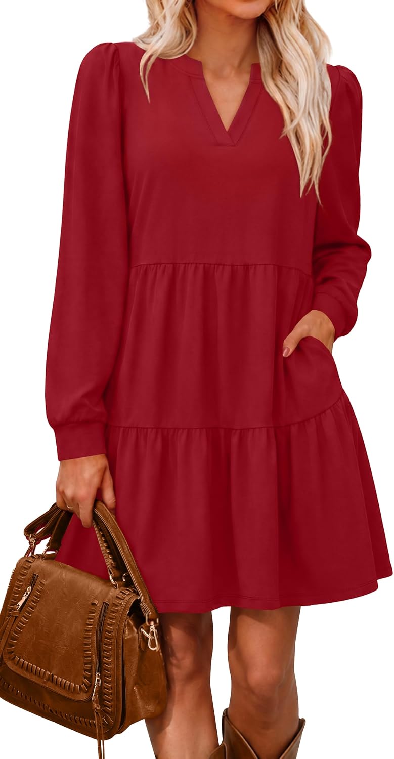 OFEEFAN Fall Dresses for Women V Neck Long Sleeve Tiered Dress with Pockets