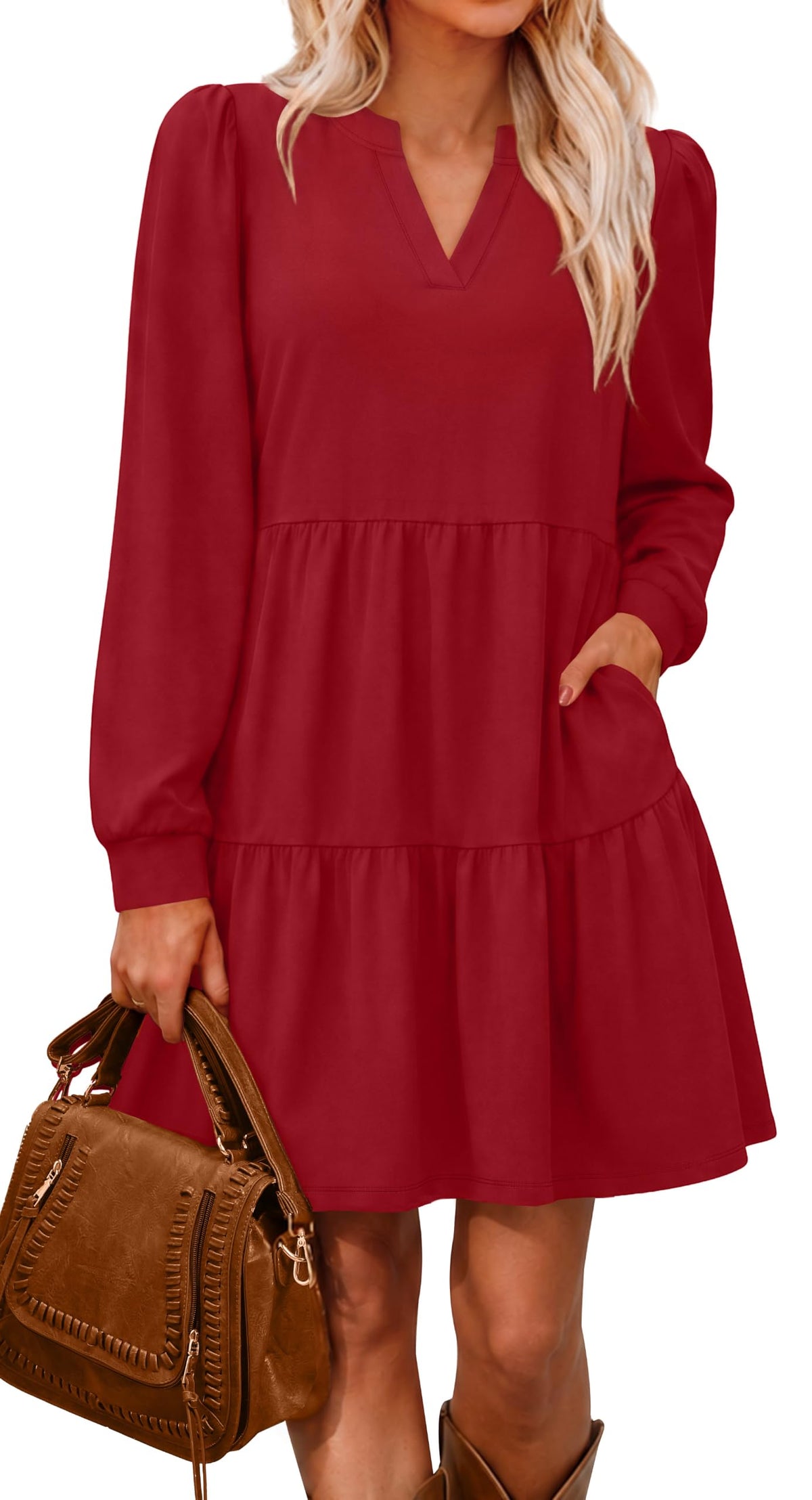 OFEEFAN Fall Dresses for Women V Neck Long Sleeve Tiered Dress with Pockets