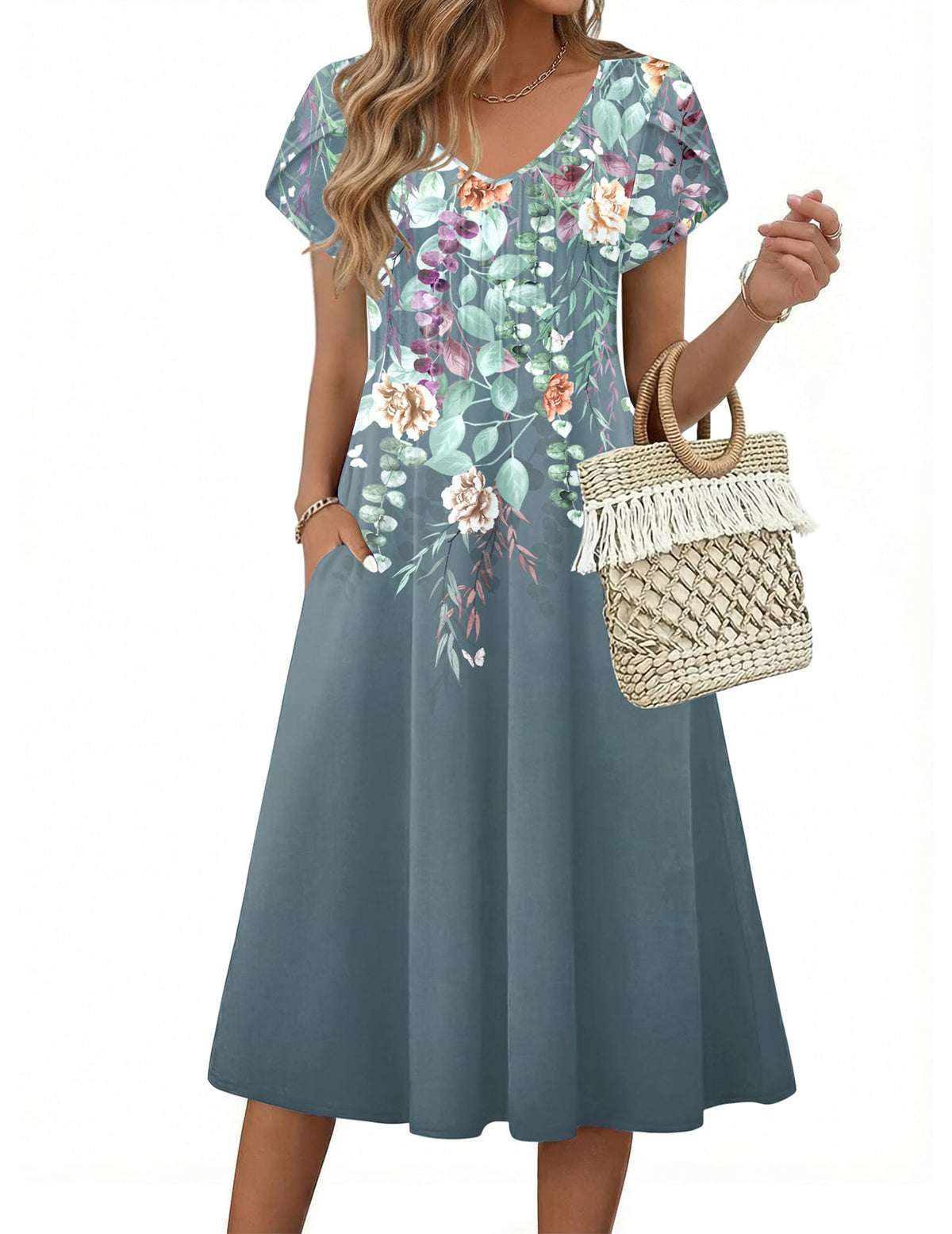 Zeagoo Womens Casual Summer Dress 2026 Short Sleeve Dresses Pleats Midi A Line Flowy Dress Boho Beach Sundress with Pockets