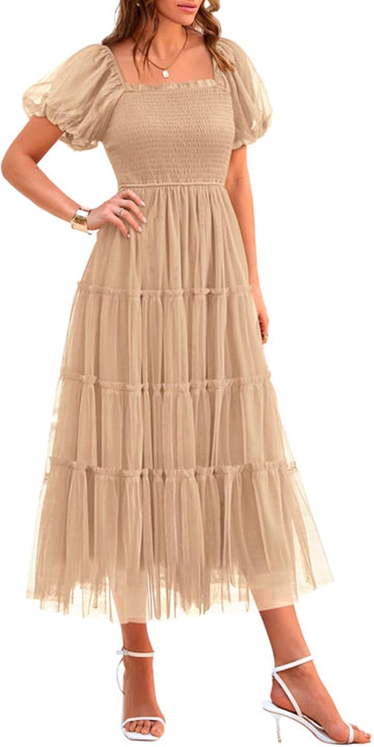 PRETTYGARDEN Women's Summer Smocked Midi Tulle Dress