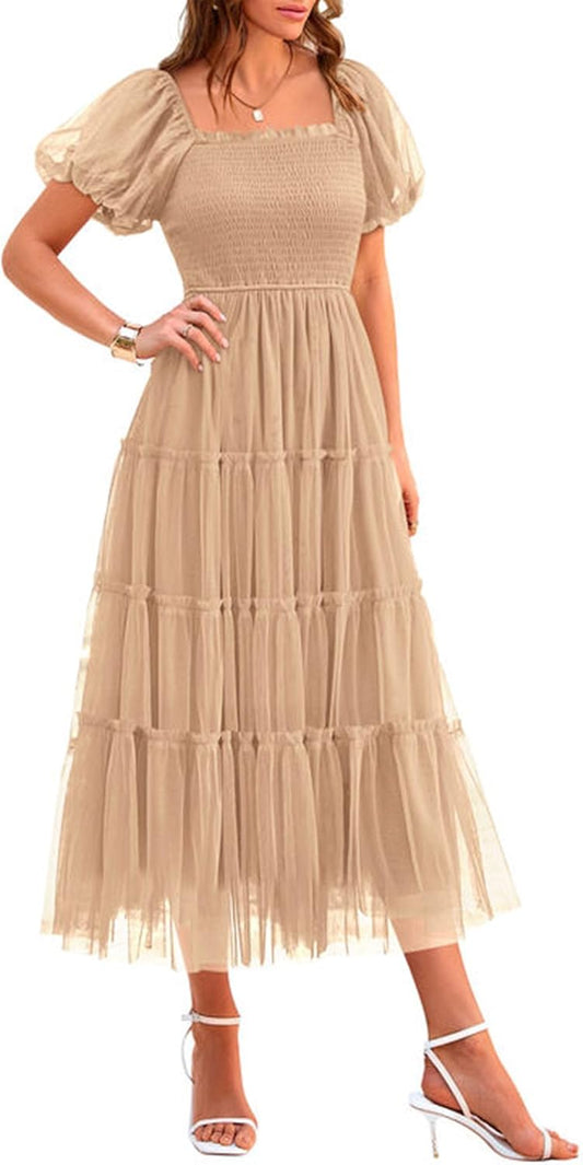 PRETTYGARDEN Women's Summer Smocked Midi Tulle Dress