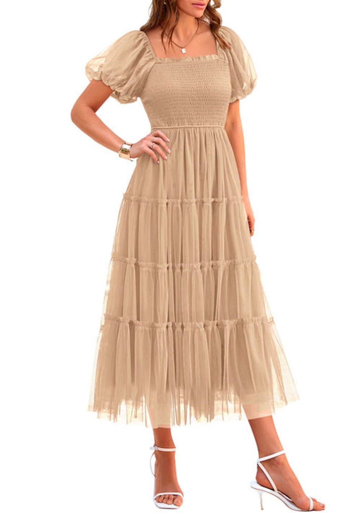 PRETTYGARDEN Women's Summer Smocked Midi Tulle Dress