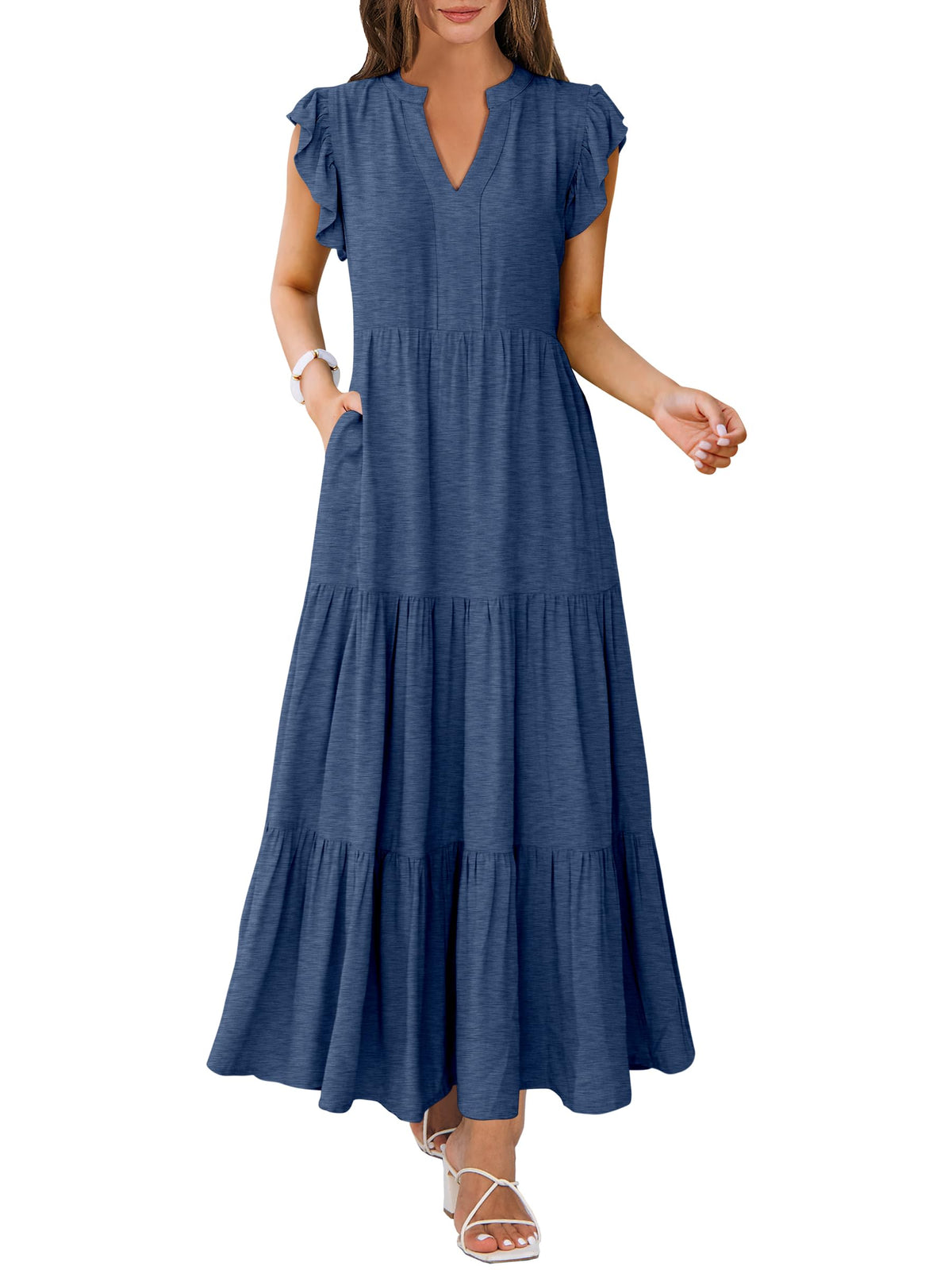 ANRABESS Womens Summer Dress Ruffle Sleeve V Neck Vacation Maxi Dresses