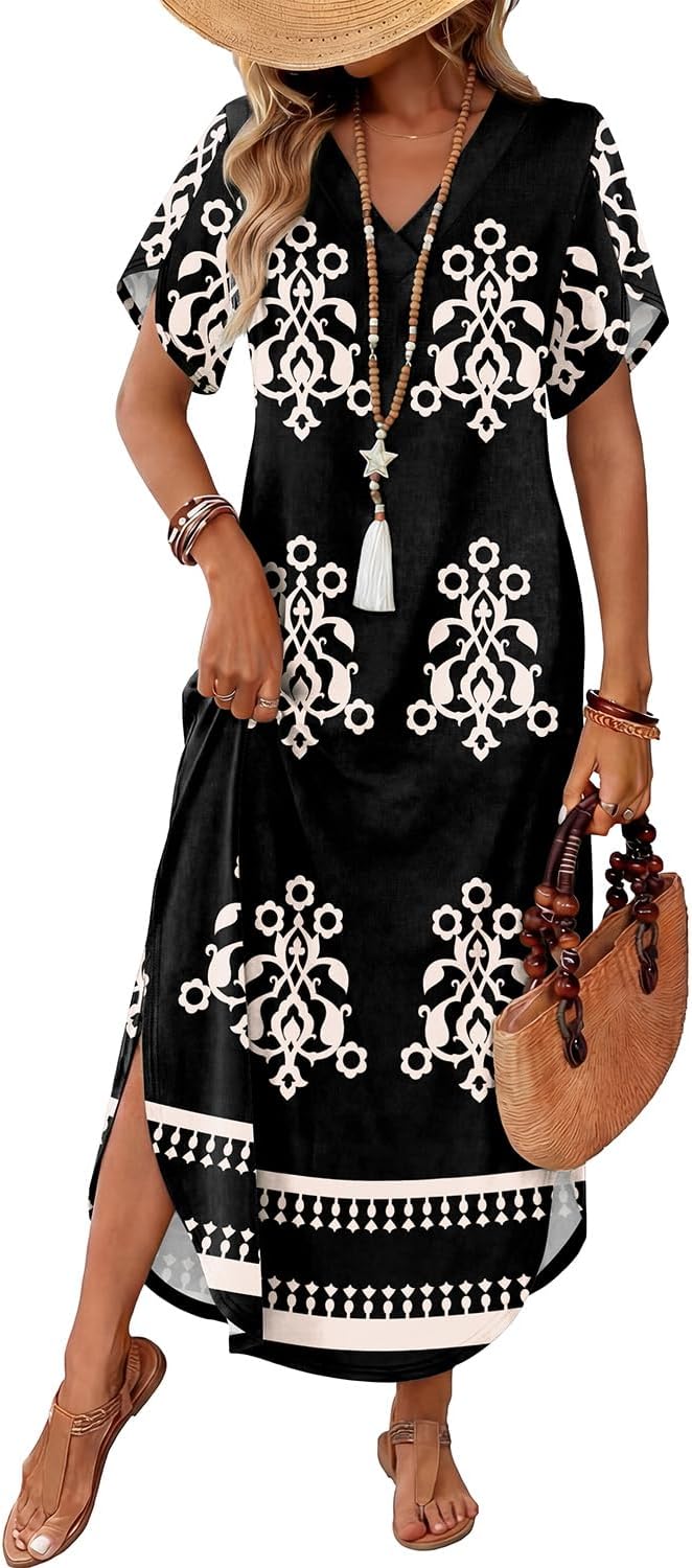 WIHOLL Summer Dresses for Women Short Sleeve Maxi Dresses V Neck Sundress with Side Slit Pockets Casual Beach Dress