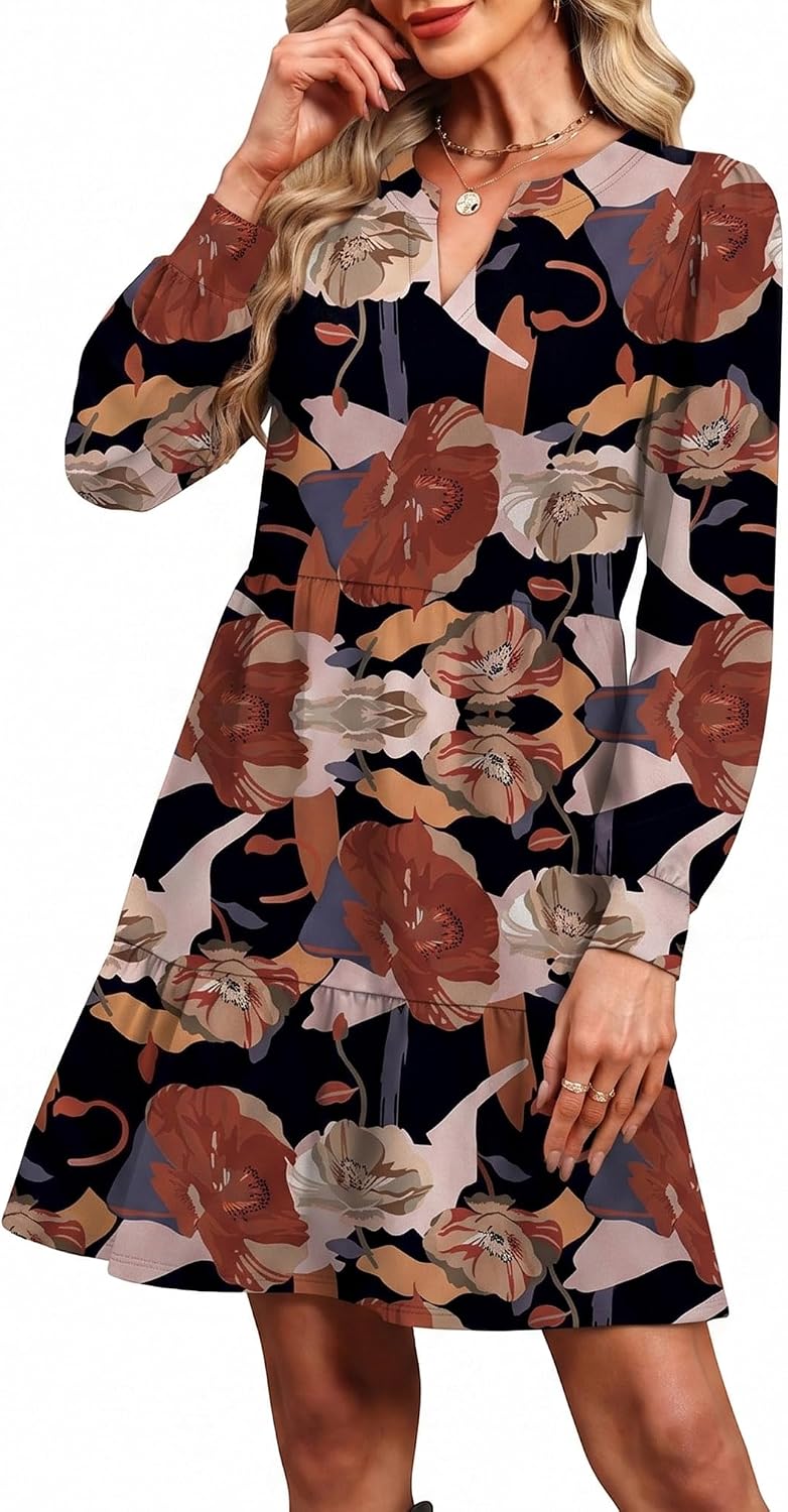 OFEEFAN Fall Dresses for Women V Neck Long Sleeve Tiered Dress with Pockets