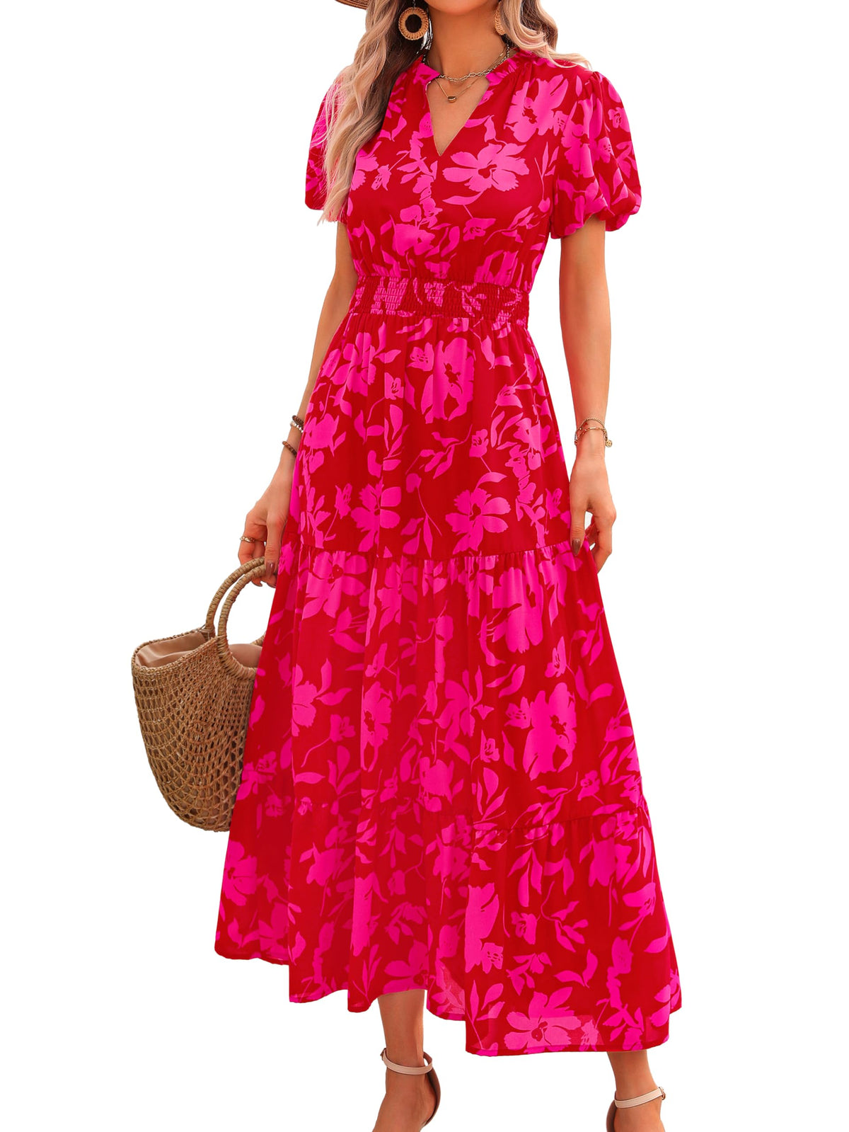 MASCOMODA Summer Maxi Dresses for Women 2026 Short Sleeve Long Floral Dress