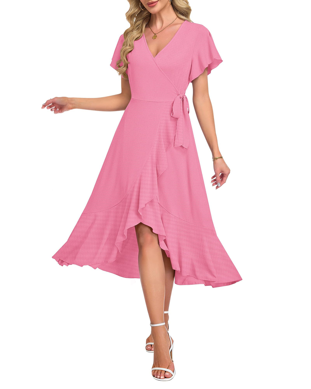 AUSELILY Women Summer Midi Dresses Wrap Short Flutter Sleeve Elegant Dress