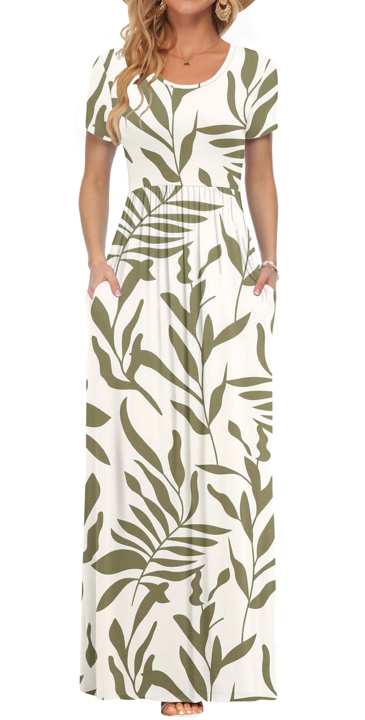 AUSELILY Women's Summer Short Sleeve Loose Plain Casual Long Maxi Dresses