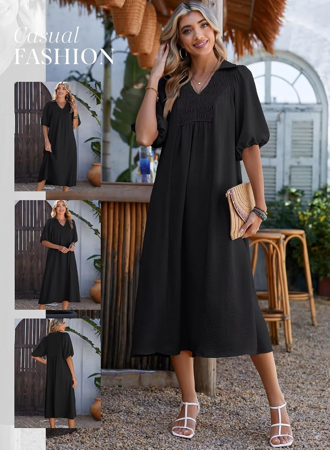 Dokotoo Summer Dresses for Women 2026 Casual Dresses V Neck Puff Sleeve Empire Waist A-Line Maxi Dress