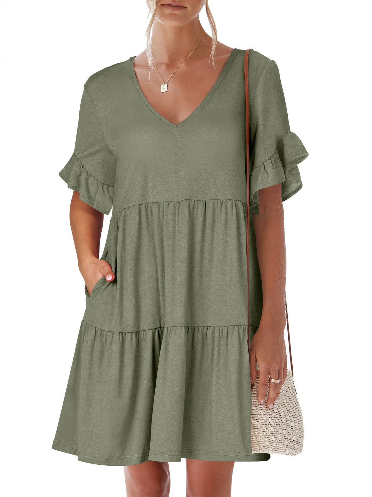 ANRABESS Dresses for Women Summer 2026 V Neck Ruffle Sleeve A Line Tiered Flowy Casual Trendy Mini Beach Dress with Pockets
