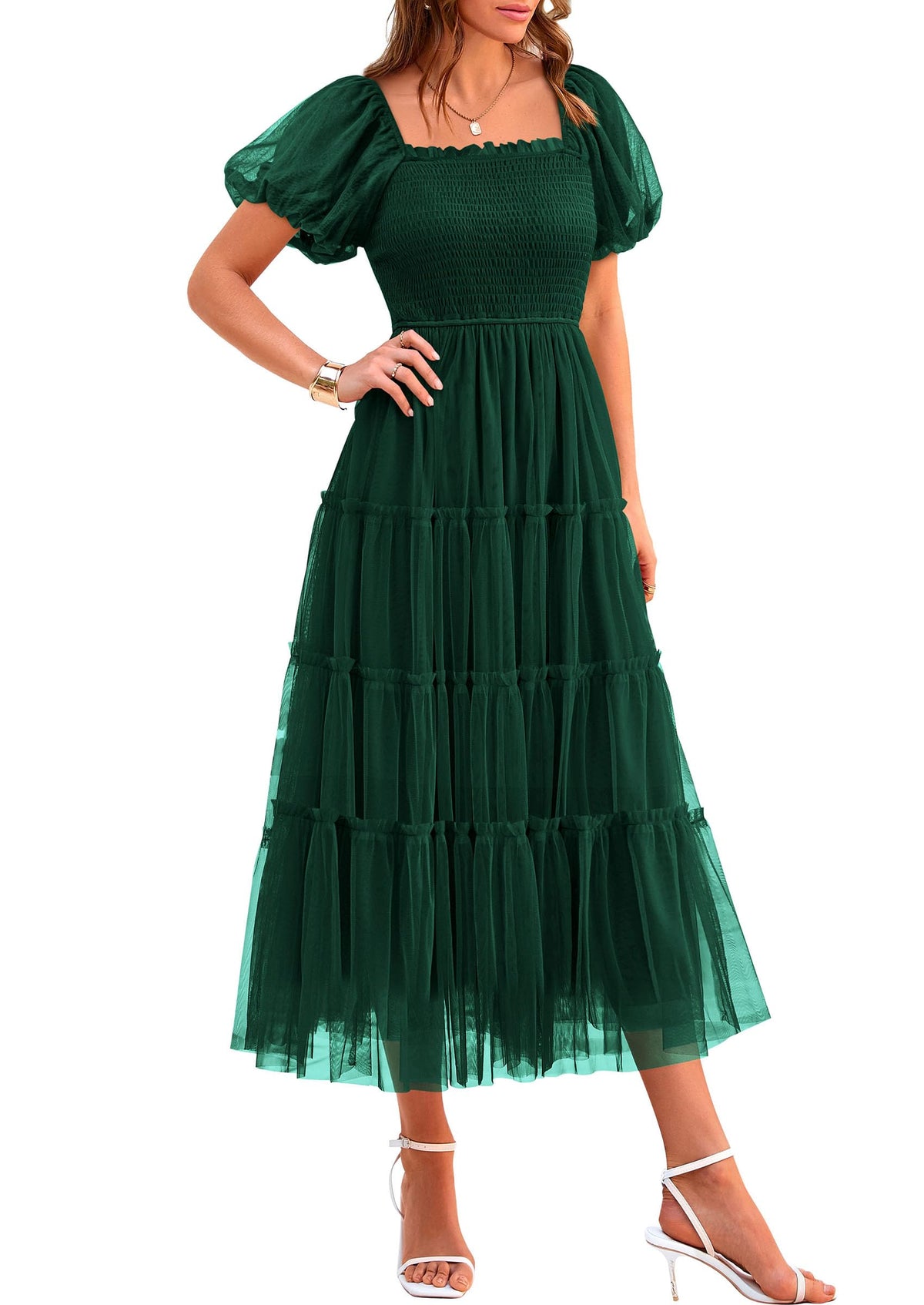 PRETTYGARDEN Women's Summer Smocked Midi Tulle Dress