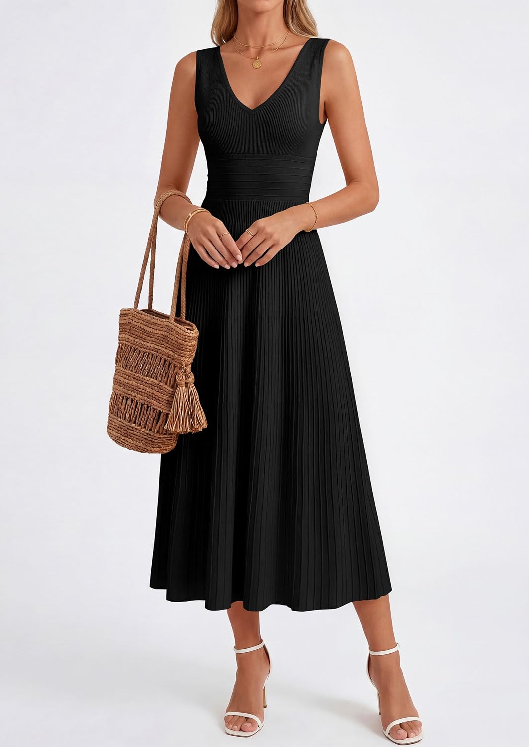 PRETTYGARDEN Women's Summer V Neck Pleated Midi Dress