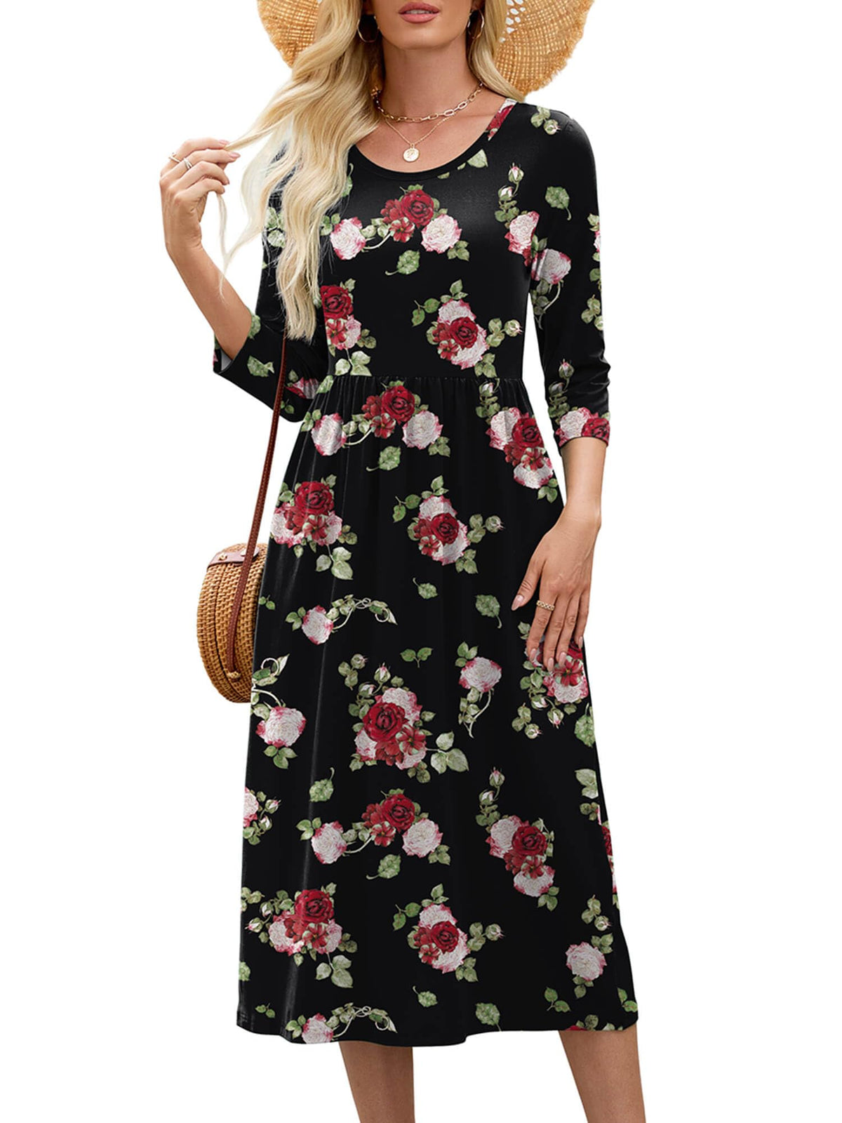 Heymoments Women's Casual 3/4 Sleeve Midi Dress with Pockets