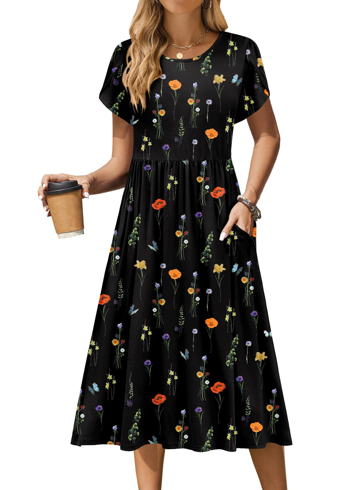 Zeagoo Womens Summer Dresses Casual Aline Midi Dress Short Sleeve Floral Tshirt Dress Flowy Beach Sundresses with Pockets