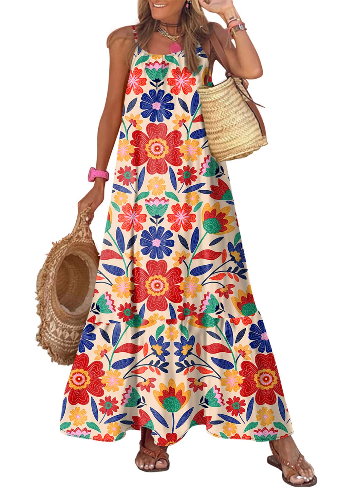 Dokotoo Women Summer Dresses Scoop Neck Ruffle Flowy Boho Maxi Dress