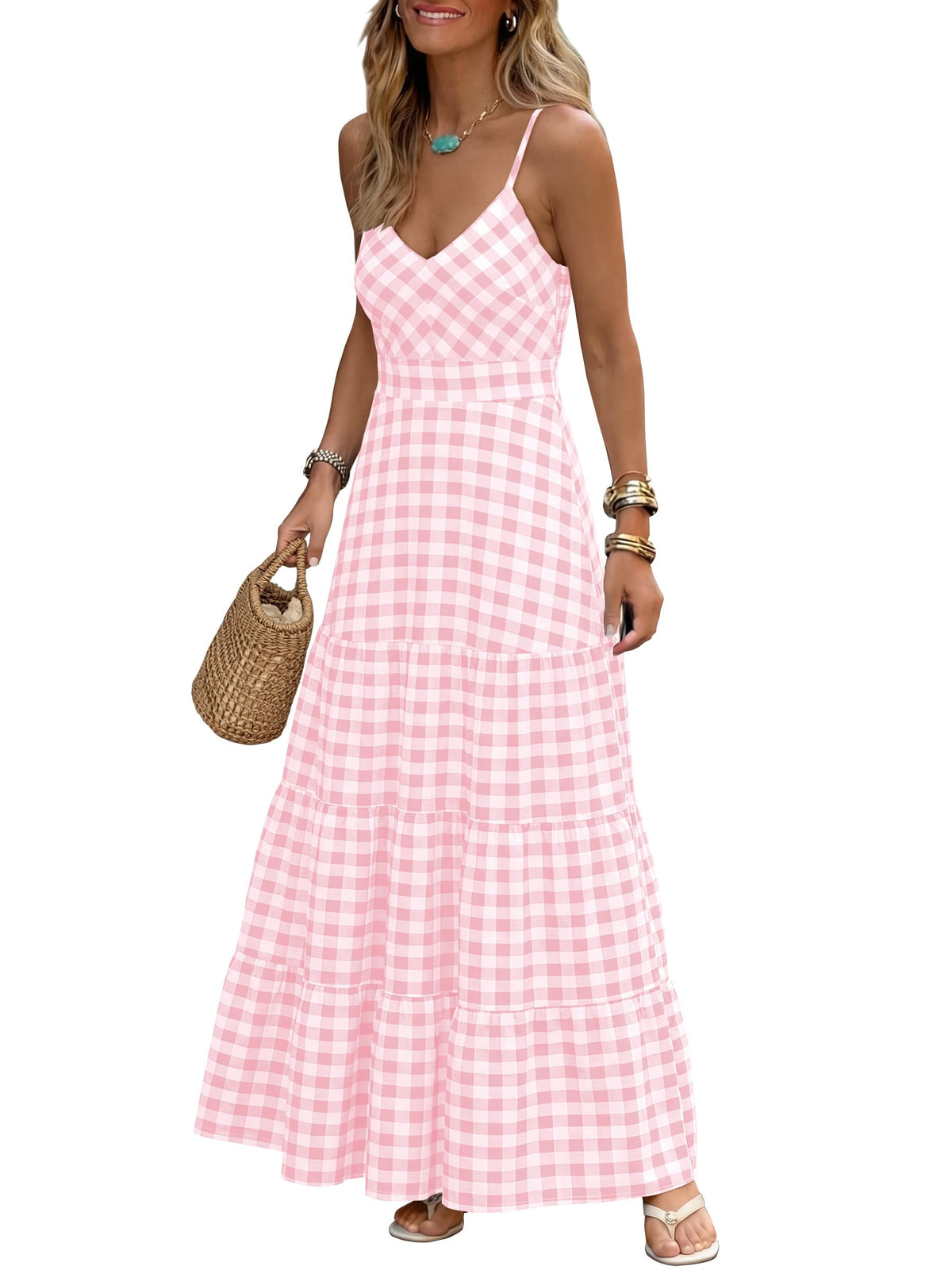 Caracilia Womens Summer Gingham Striped Flowy Spaghetti Strap Maxi Dress