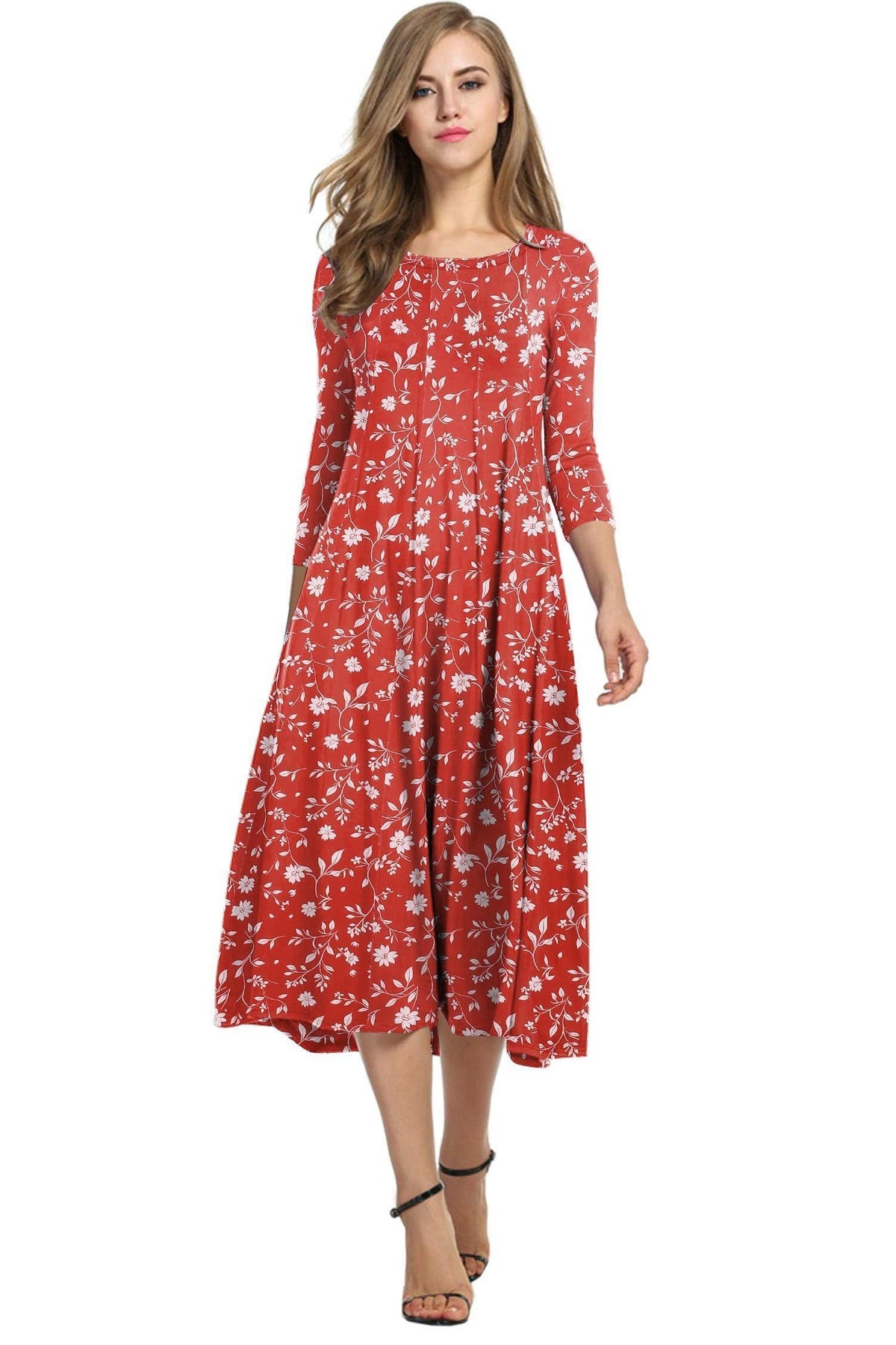 HOTOUCH Women's 3/4 Sleeve A-line and Flare Midi Long Dress