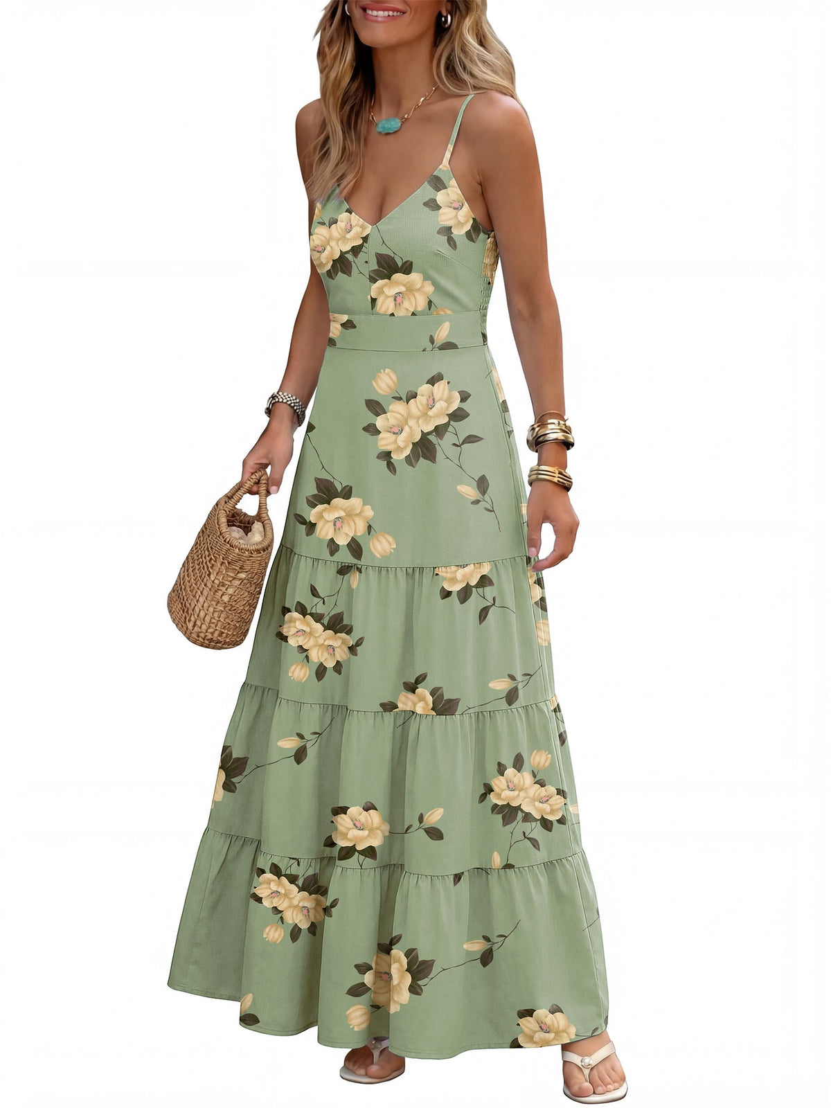 Caracilia Womens Summer Gingham Striped Flowy Spaghetti Strap Maxi Dress