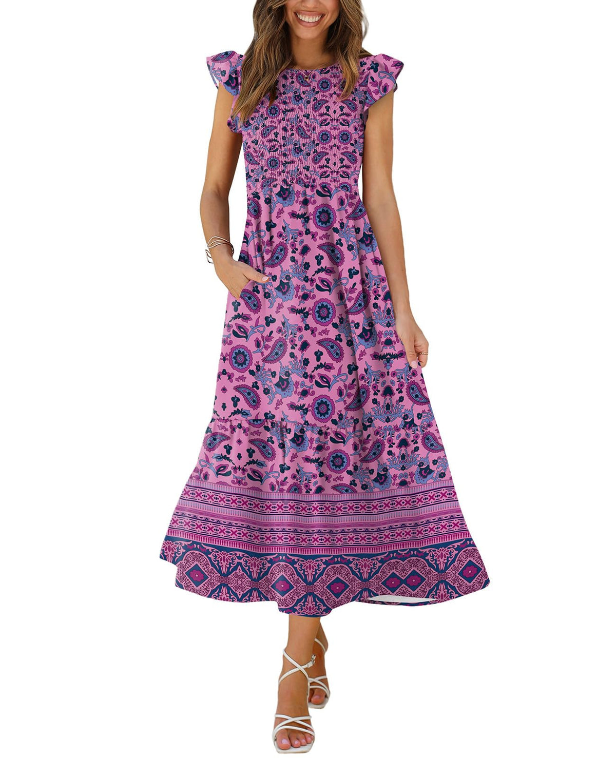 OFEEFAN Women's Casual Maxi Dresses with Pockets Ruffle Sleeve Smocked Dress XS-2XL