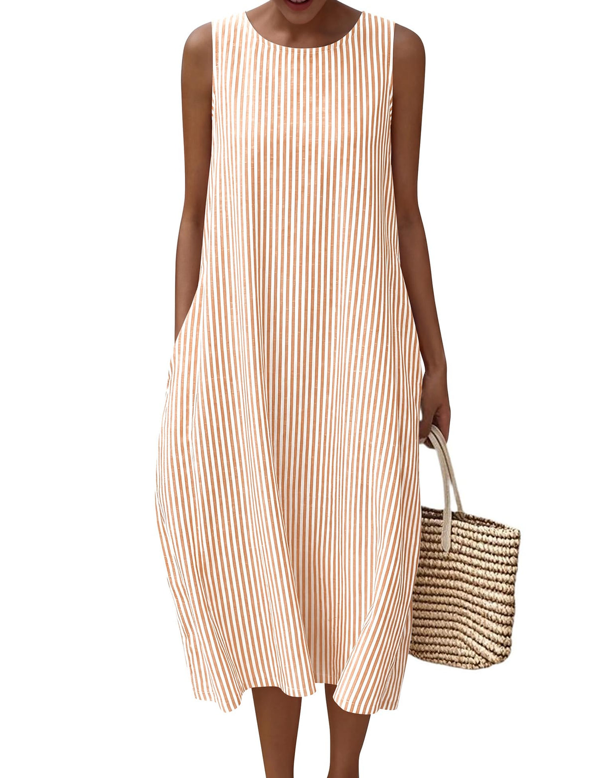 LOMON Womens Summer Sleeveless Dress Cotton Gingham Striped with Pockets