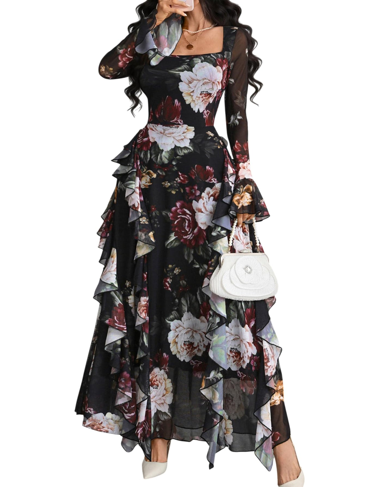 GothDark Women's Floral Dress Long Sleeve Square Neck Ruffle Party Outfit