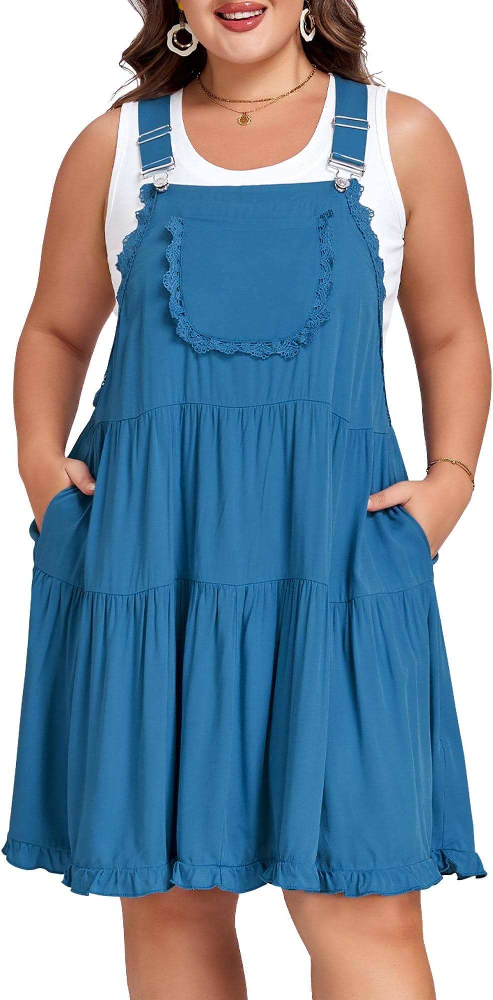 Moon Wood Plus Size Overall Dress for Women Adjustable Straps Lace Trim Jumper Dress with Pockets Tiered Mini Dress