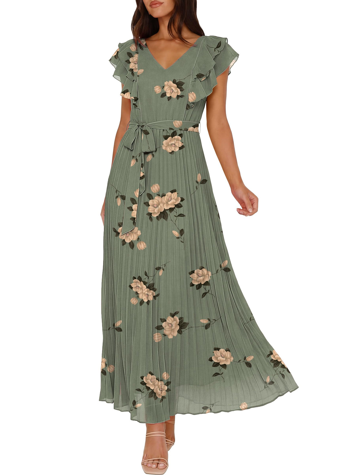 ANRABESS Women V Neck Ruffle Sleeve Floral Pleated Maxi Dresses Summer Boho Belt Empire Waist Wedding Guest Party Flowy Dress