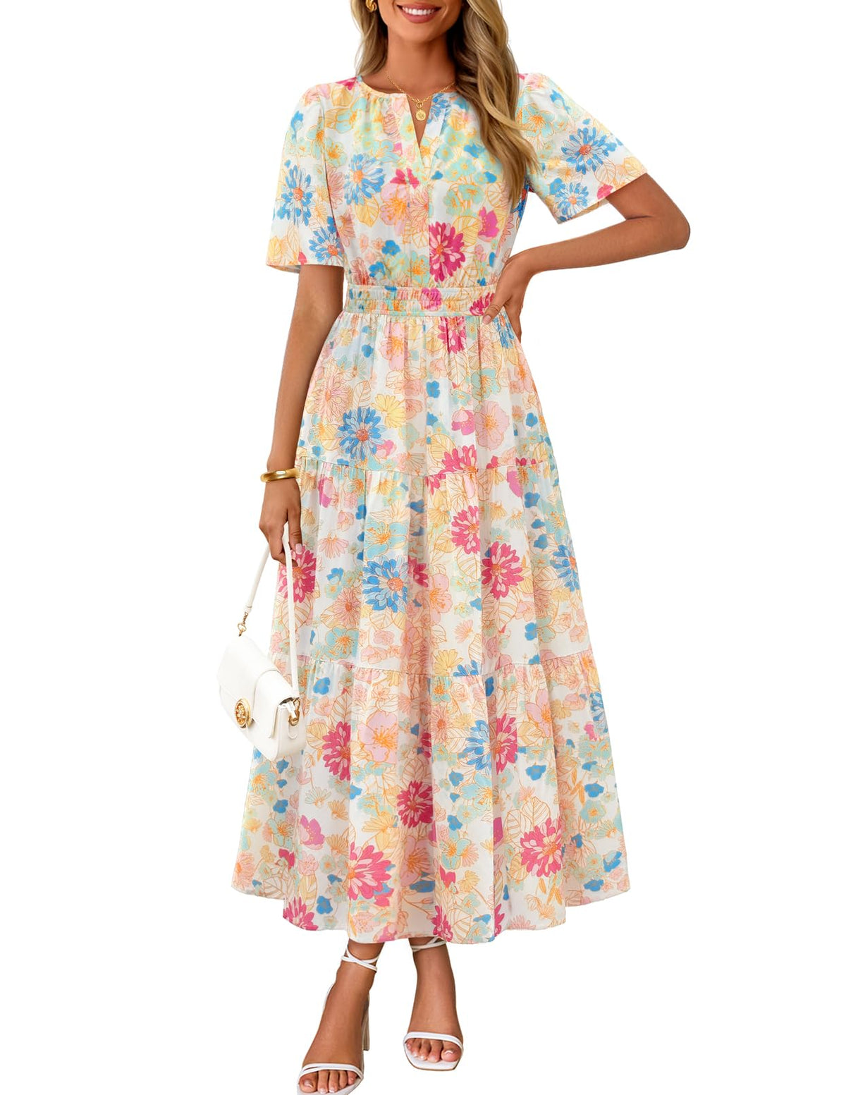 MEROKEETY Women's Summer Casual Floral Boho Short Sleeve Midi Maxi Dresses