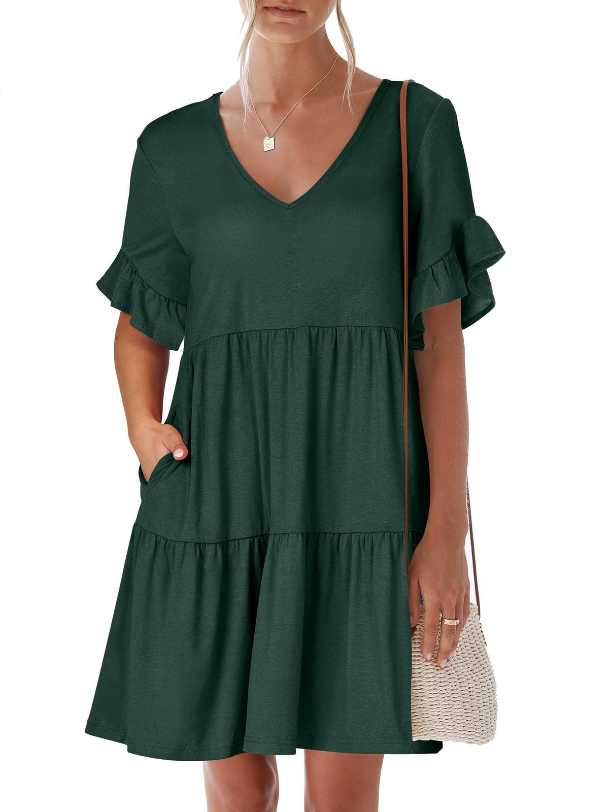 ANRABESS Dresses for Women Summer 2026 V Neck Ruffle Sleeve A Line Tiered Flowy Casual Trendy Mini Beach Dress with Pockets