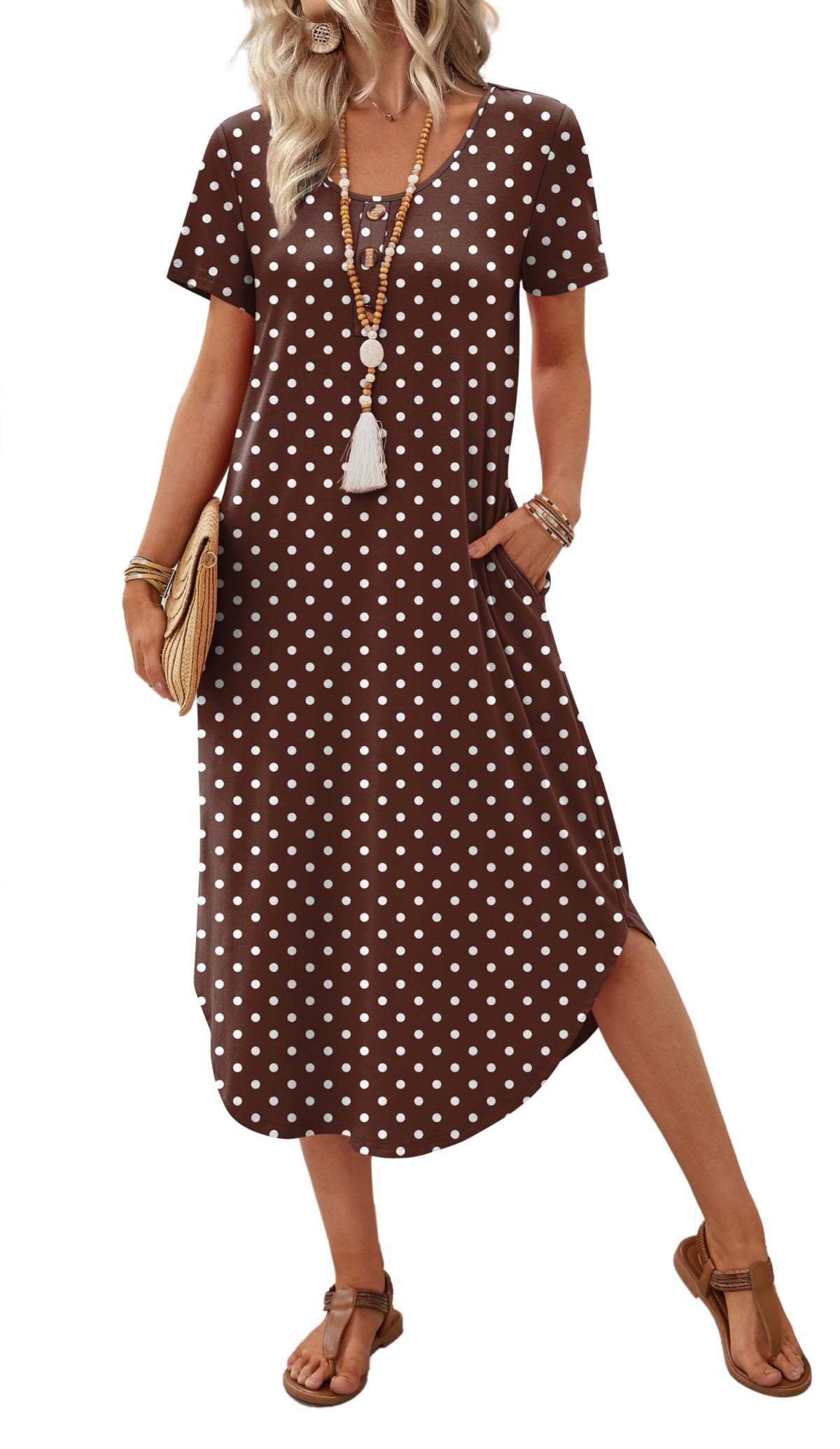 OFEEFAN Summer Dresses for Women 2026 Casual Midi Dresses Beach Vacation Outfits Tshirt Dress with Pockets Resort Wear