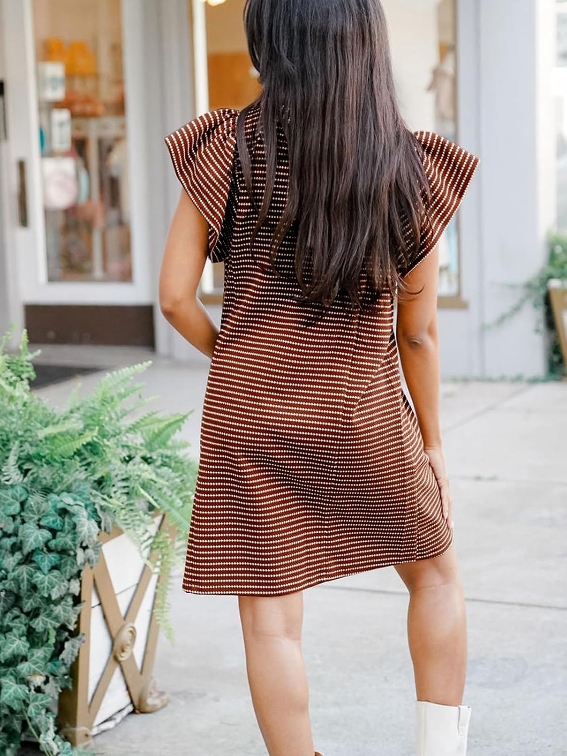 Mieazom Striped V-Neck Mini Dress for Women Puff Sleeve Casual Dress with Pockets, Comfortable & Stylish for Summer