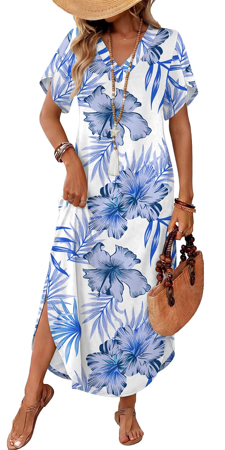 WIHOLL Summer Dresses for Women Short Sleeve Maxi Dresses V Neck Sundress with Side Slit Pockets Casual Beach Dress