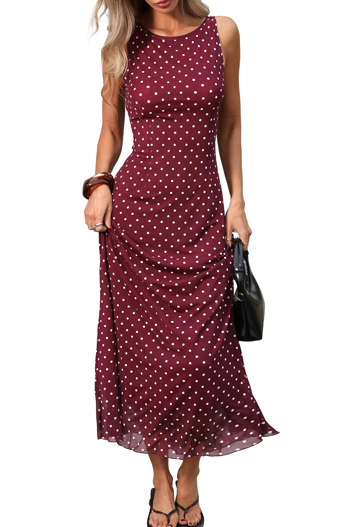 ELLEVEN Women’s Polka Dot Maxi Tank Dress Fitted Elegant Long Dress