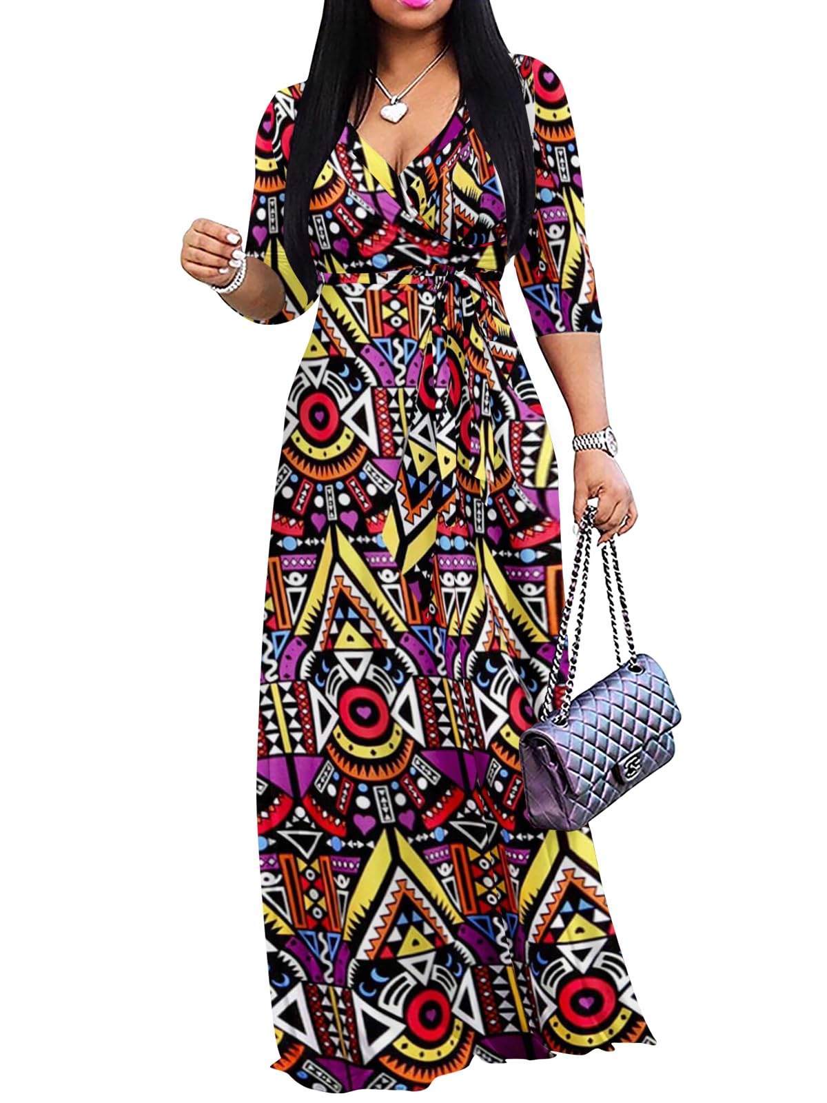 Yajedo Womens Casual Summer Maxi Dress Plus Size Sexy Wrap V Neck 3/4 Sleeve Sundress with Pockets