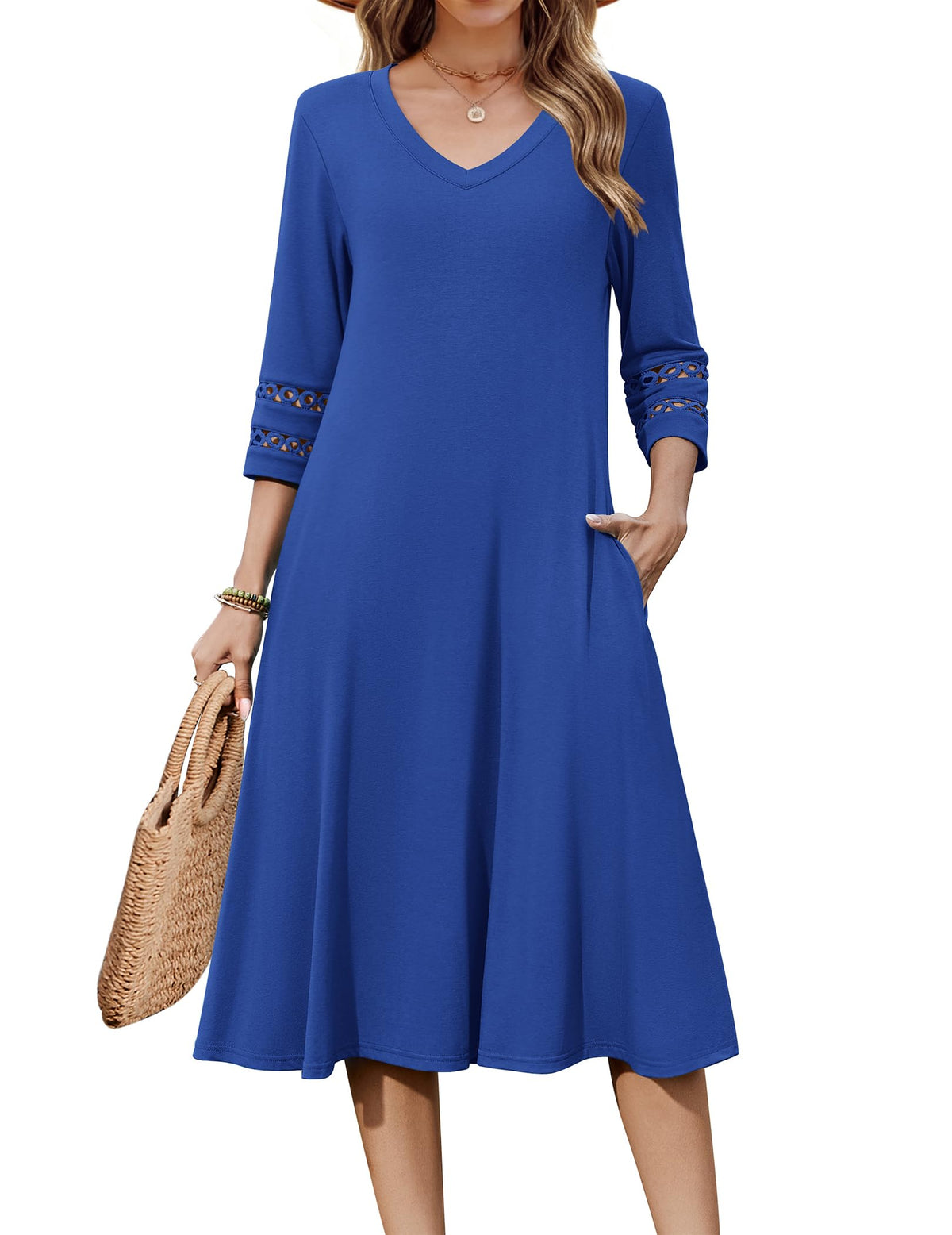Zeagoo Women's Dresses 3/4 Sleeve Casual V-Neck A Line Eyelet Midi Dress