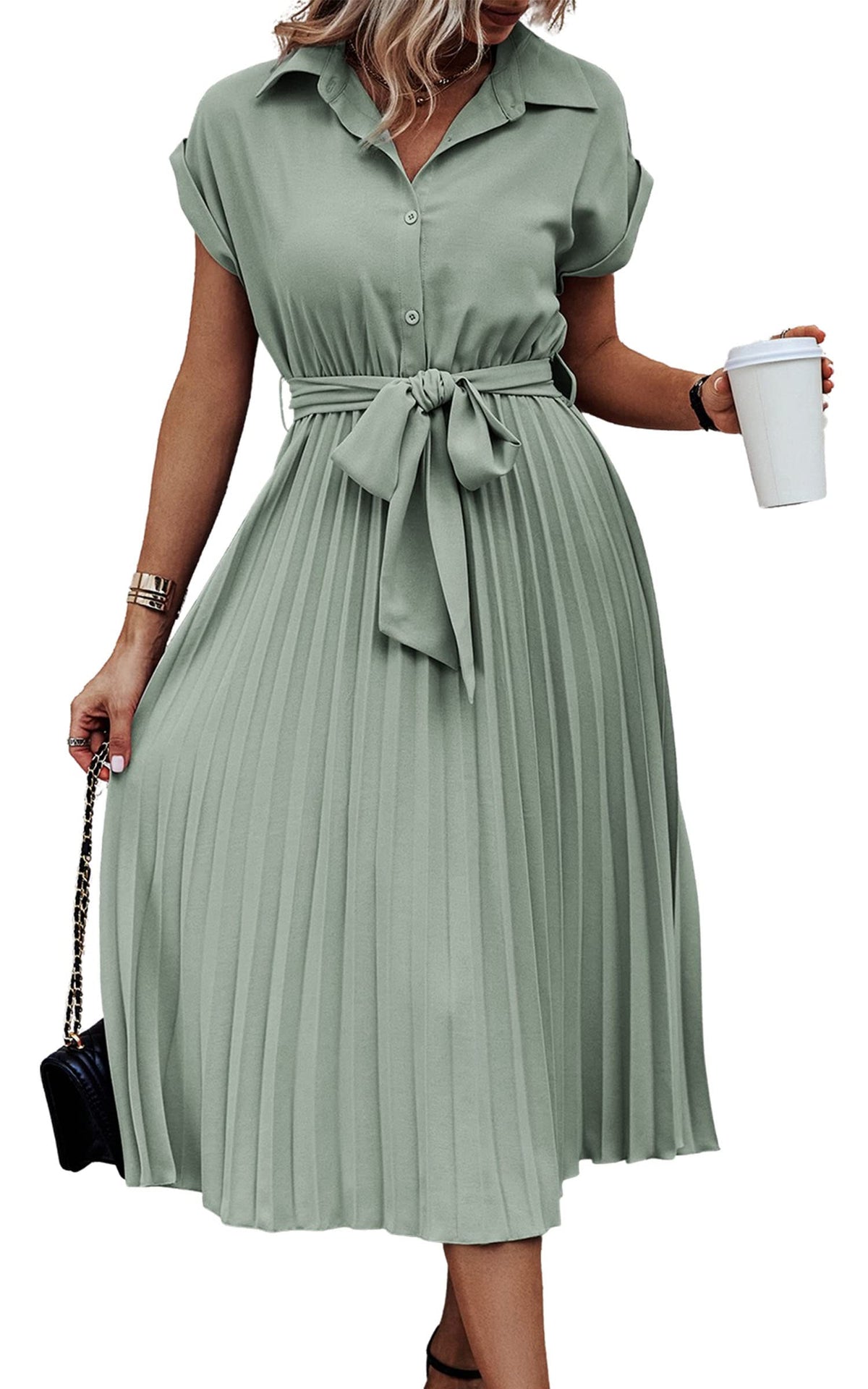 ECOWISH Womens Casual Midi Dresses Solid V Neck Short Sleeve Button Shirt Belted Dress with Pockets for Spring Summer 2026