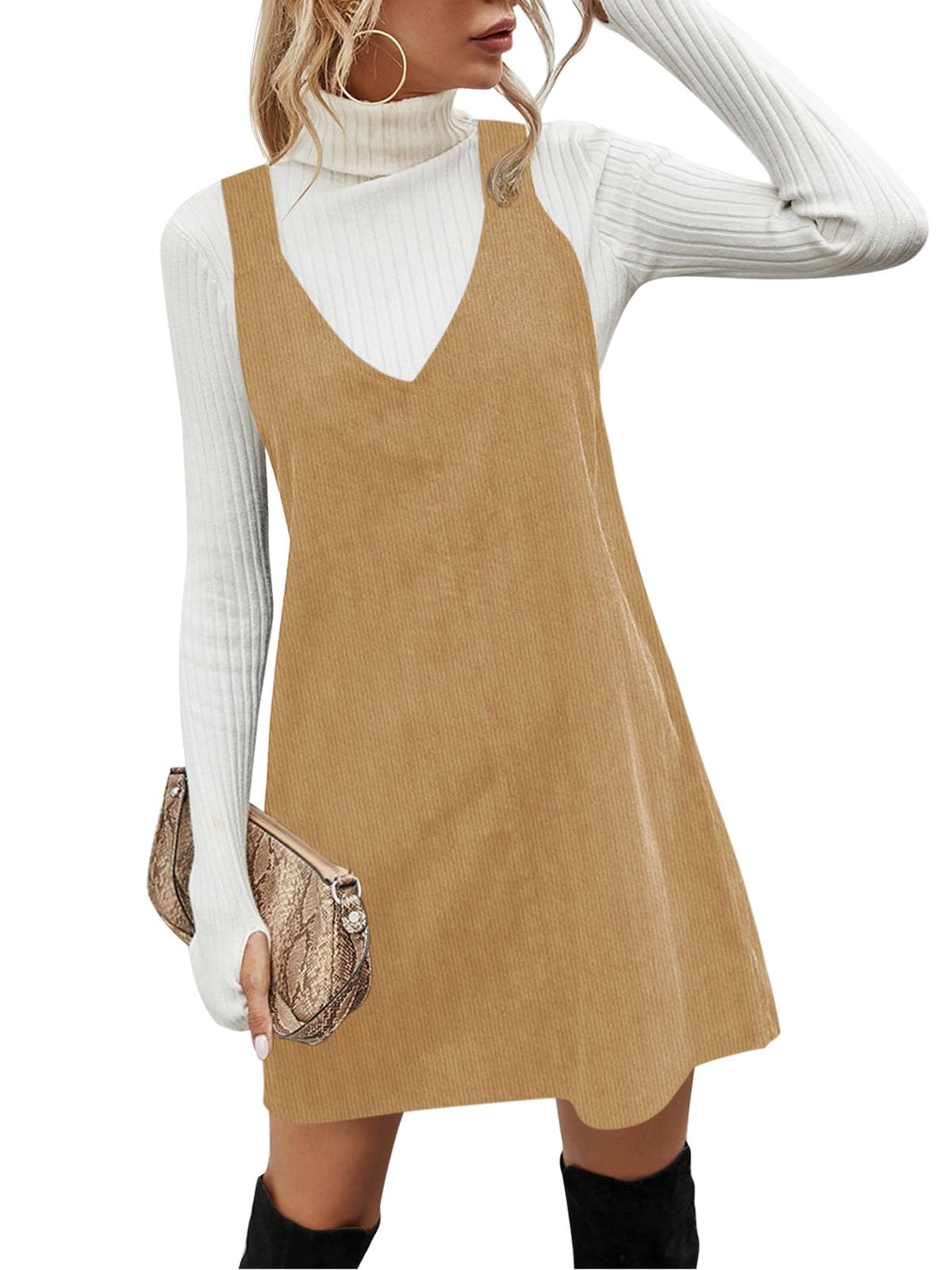 Koinshha Women Corduroy Overall Dress Fall Pinafore Mini Dresses