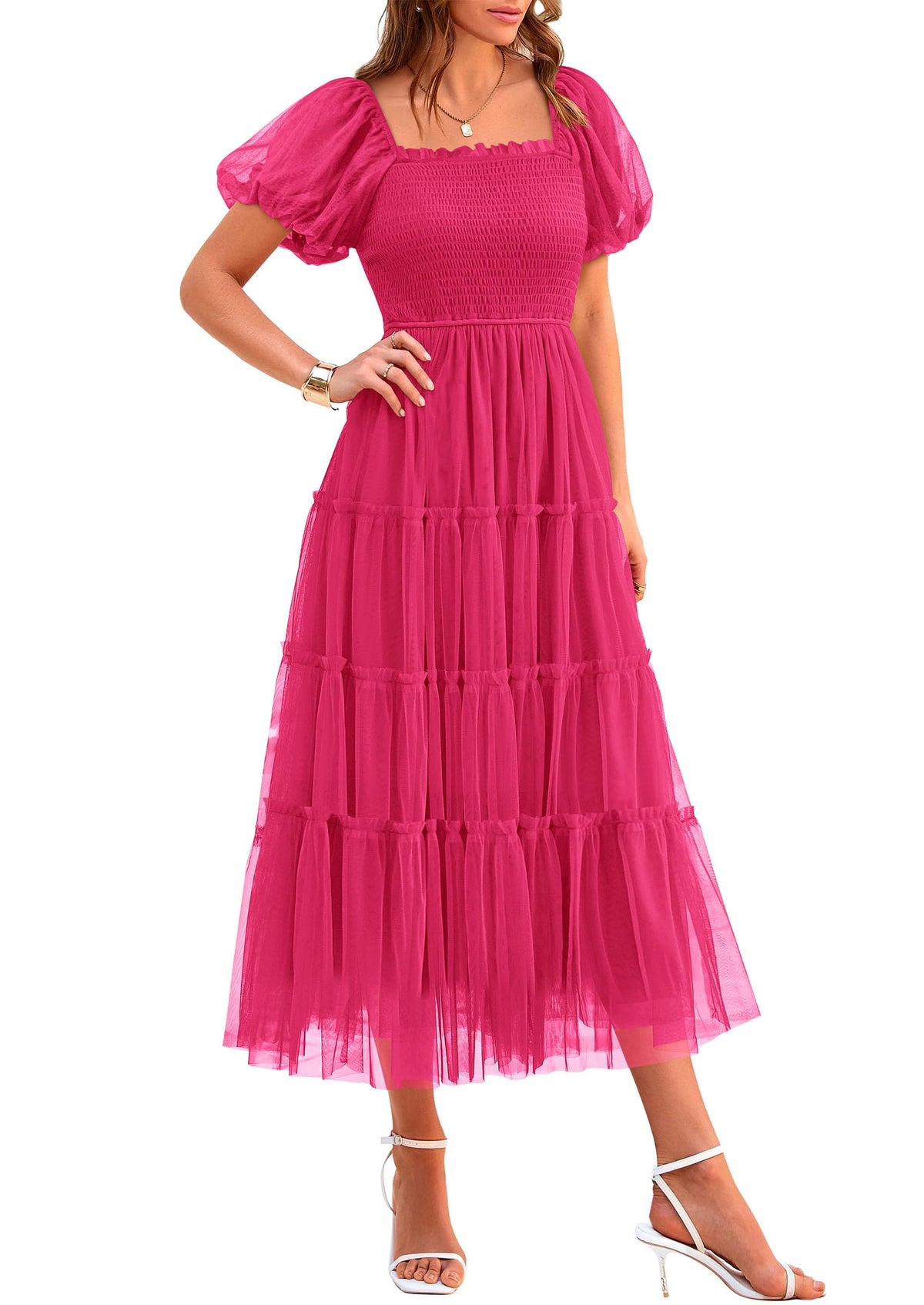 PRETTYGARDEN Women's Summer Smocked Midi Tulle Dress